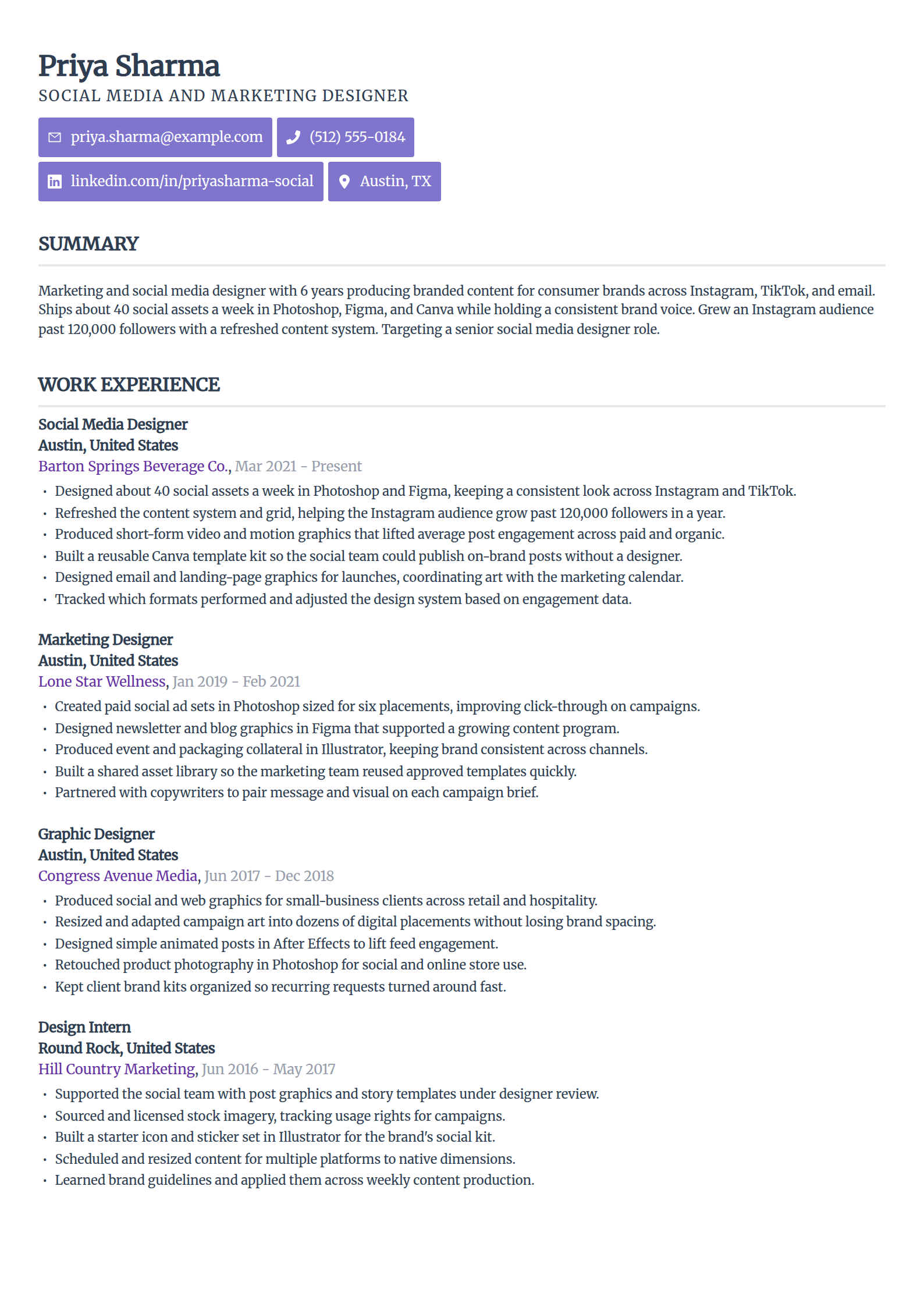 Marketing and social media designer resume example in the Sleek Framework template
