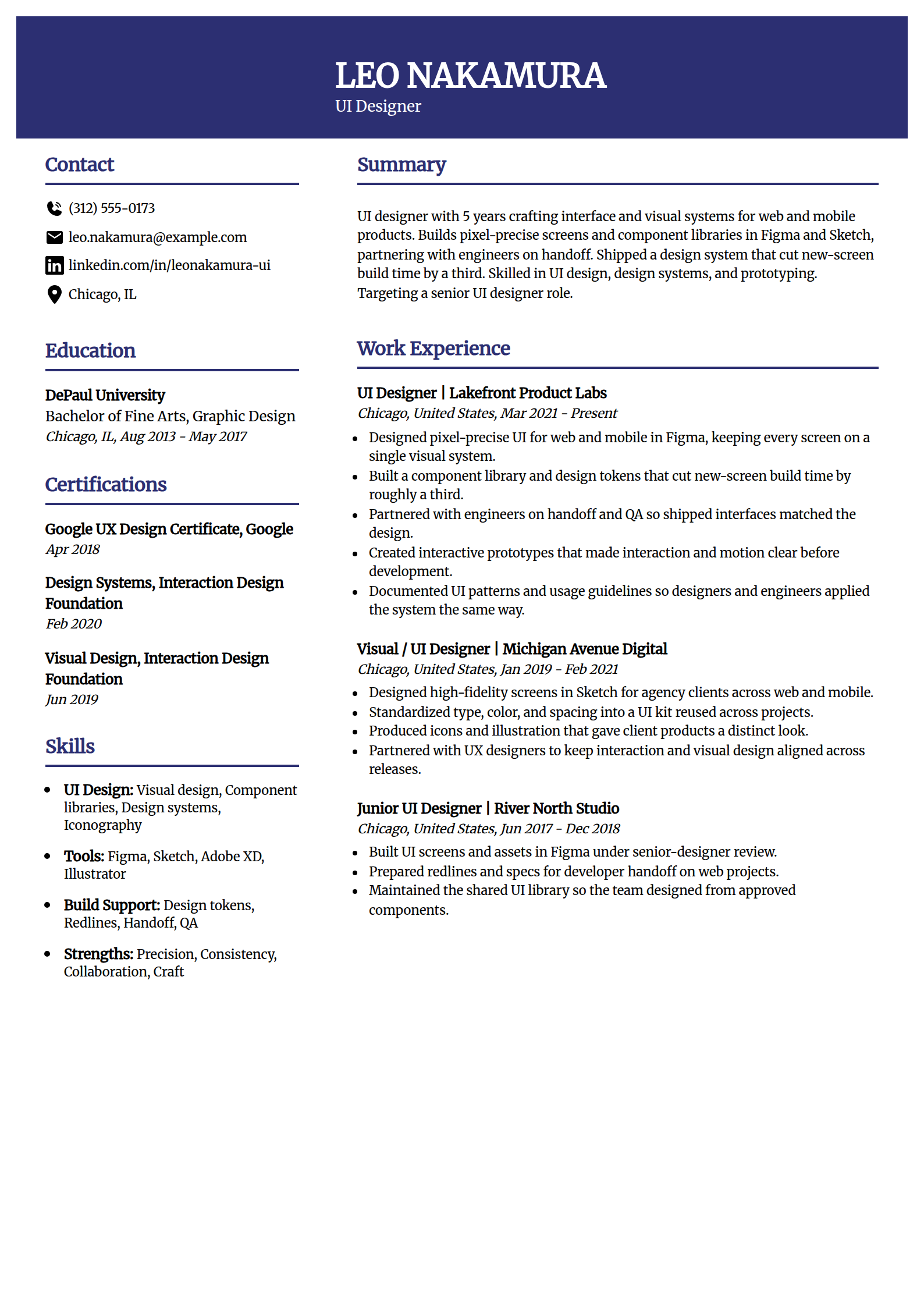 UI designer resume example in the Visionary template