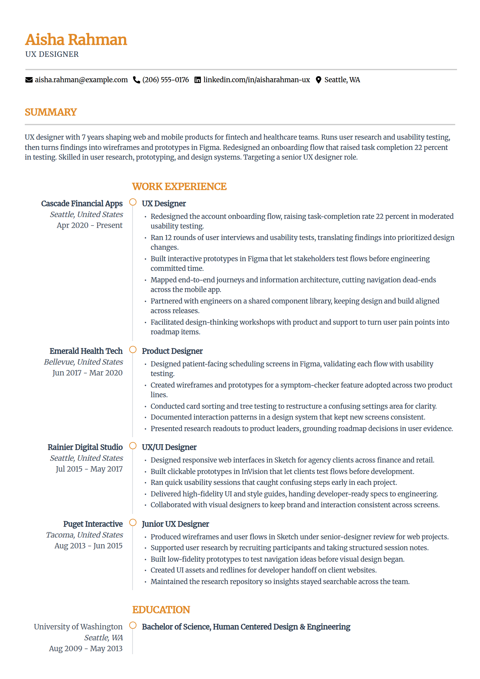 UX designer resume example in the Zenith template