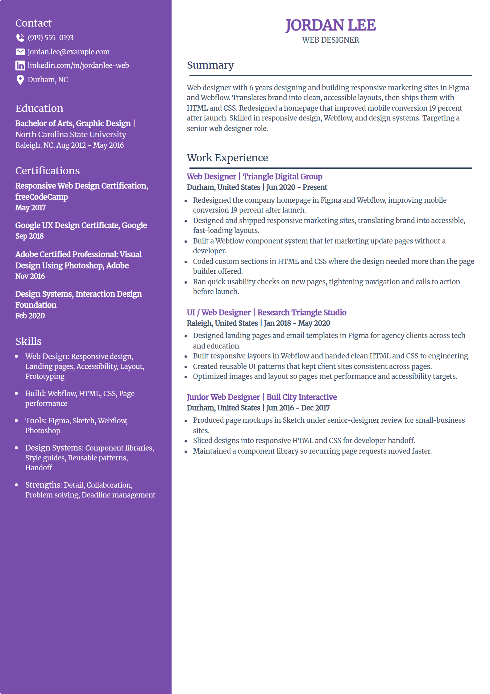Web designer resume example in the Pioneer template