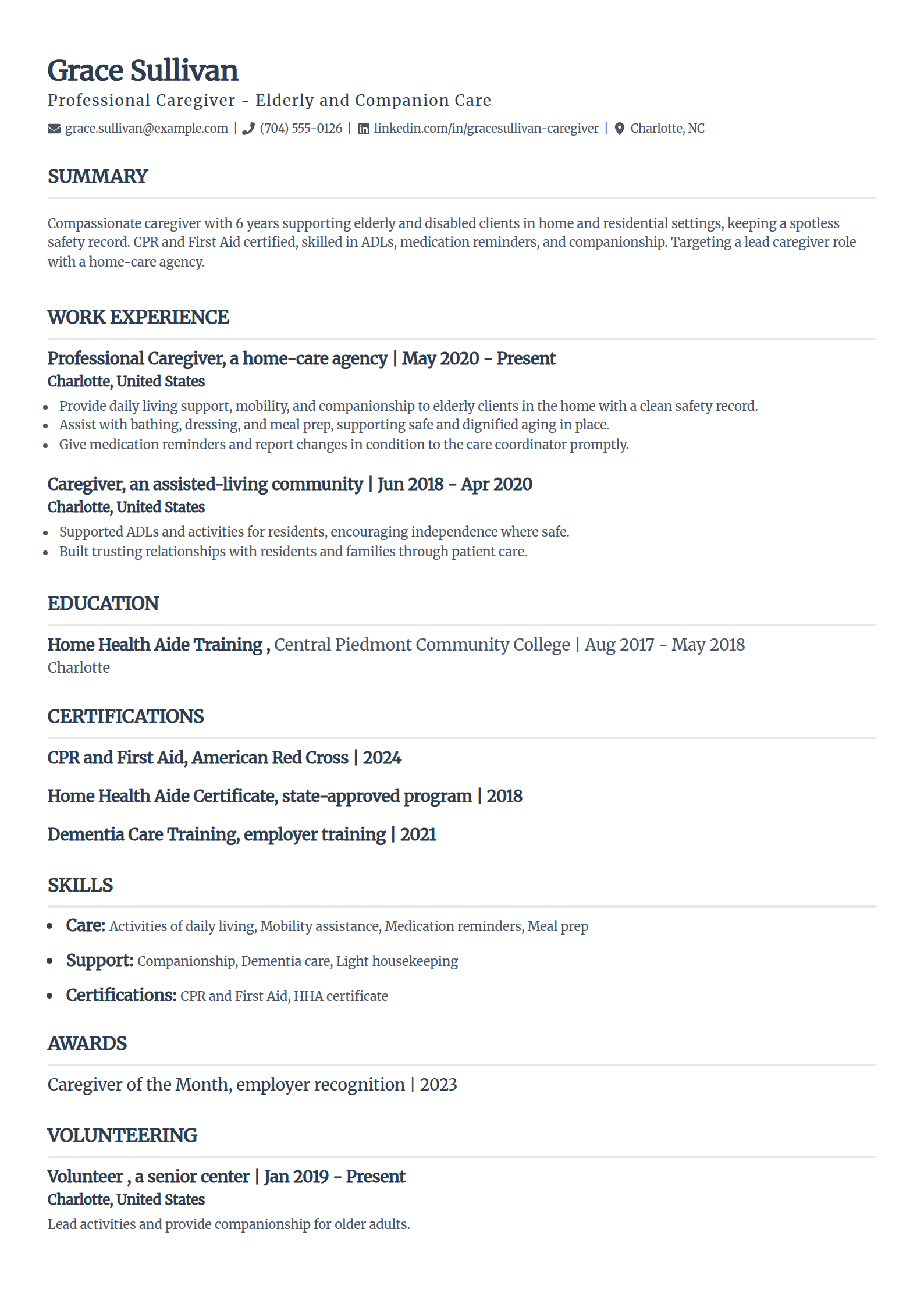 Caregiver resume example in the Classic template