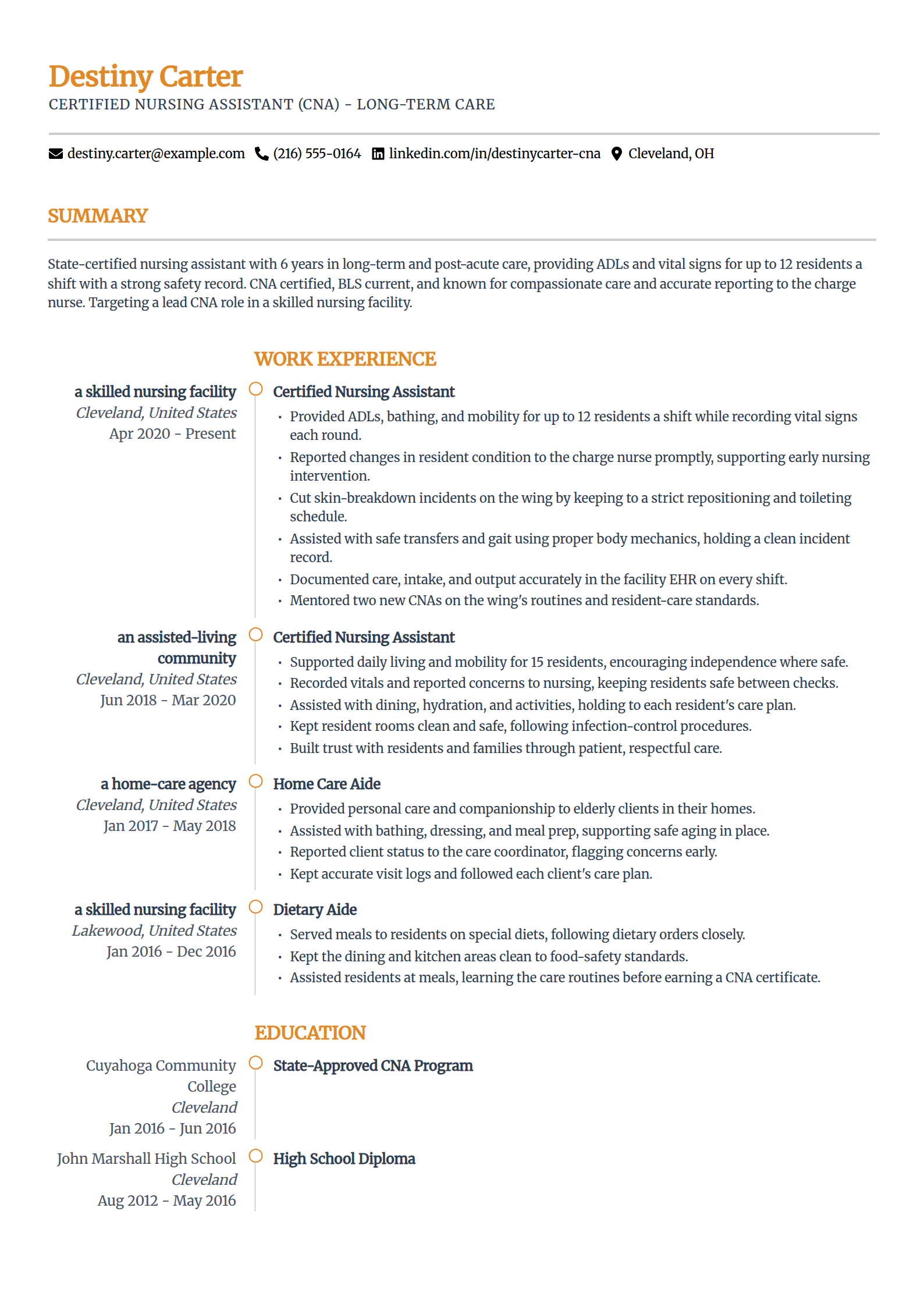 Certified nursing assistant resume example in the Zenith template