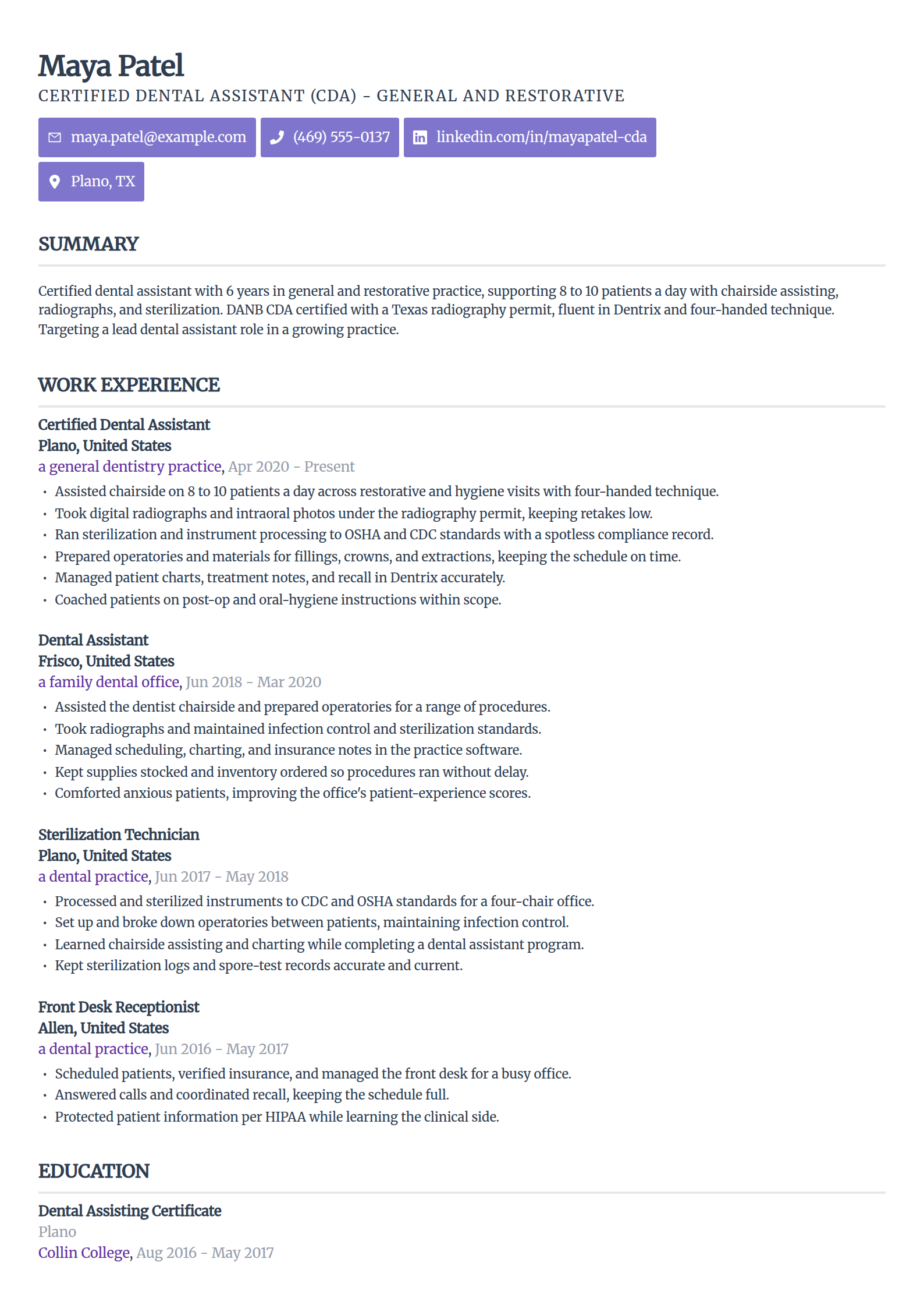 Dental assistant resume example in the Sleek Framework template