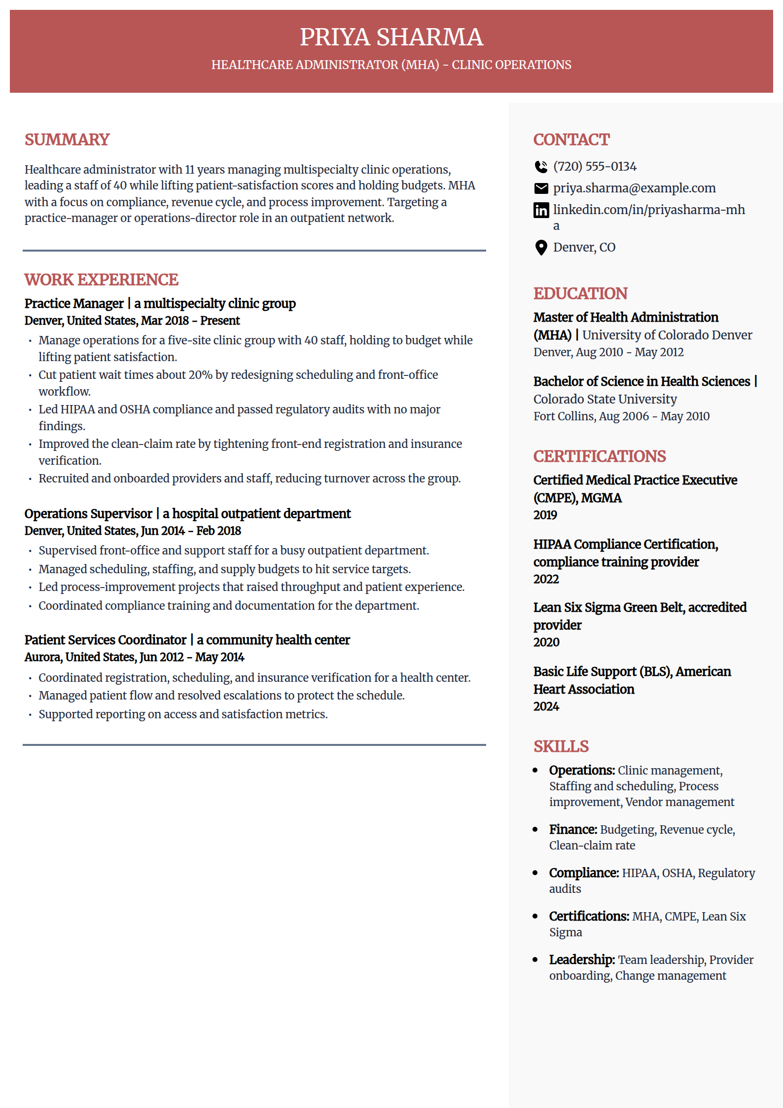 Healthcare administrator resume example in the Executive template
