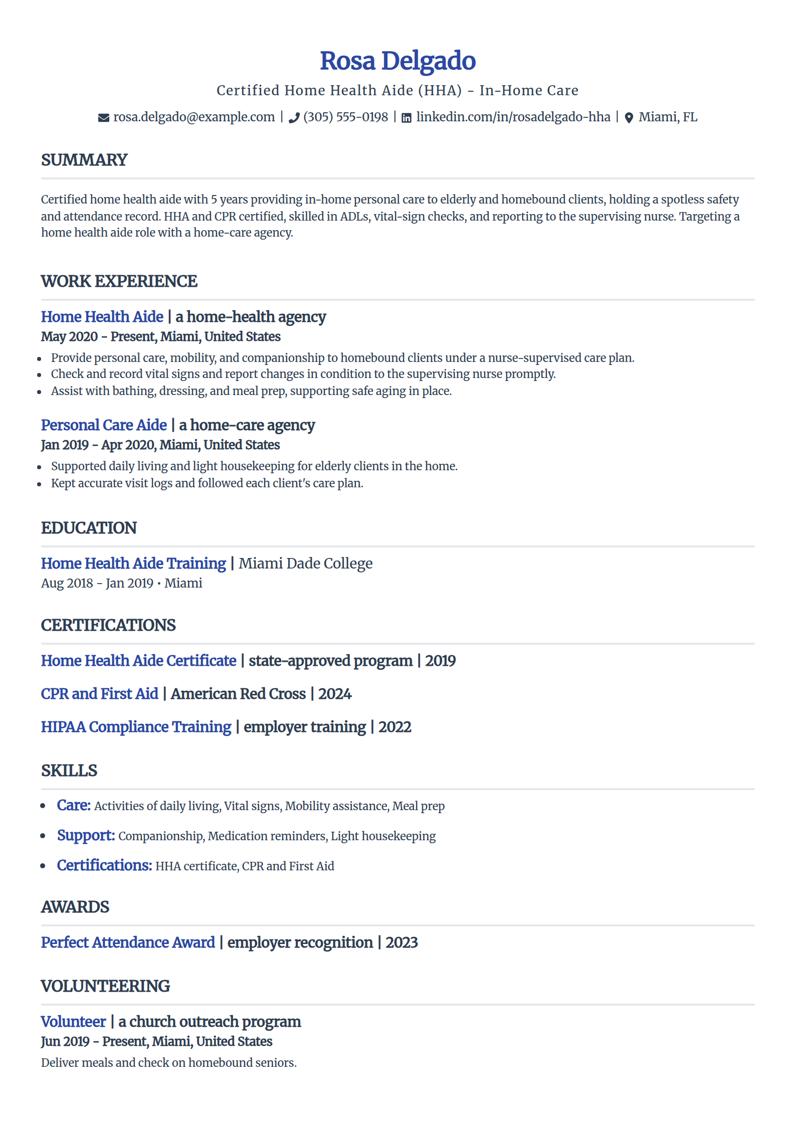 Home health aide resume example in the Simple template