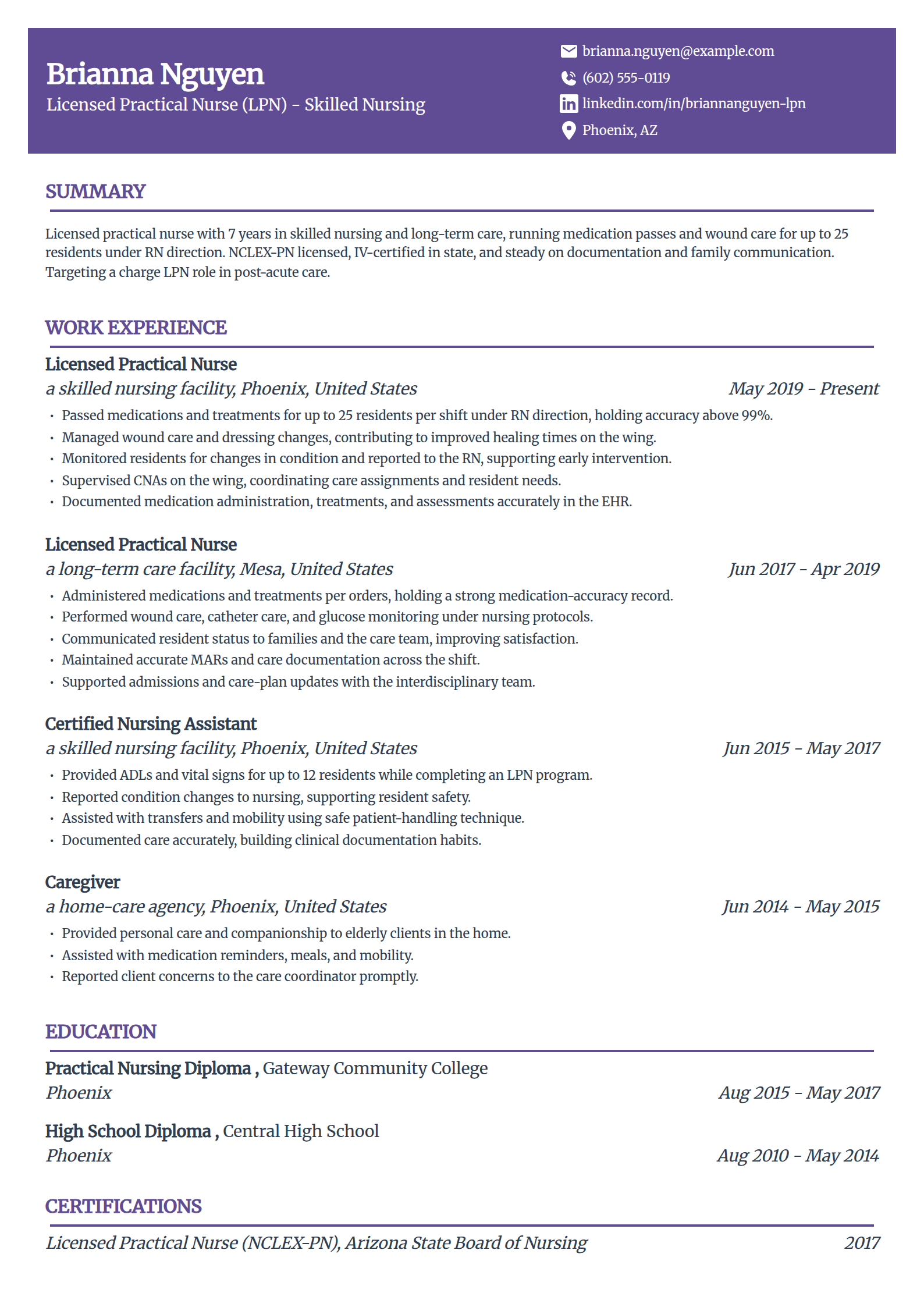 Licensed practical nurse resume example in the Panorama template