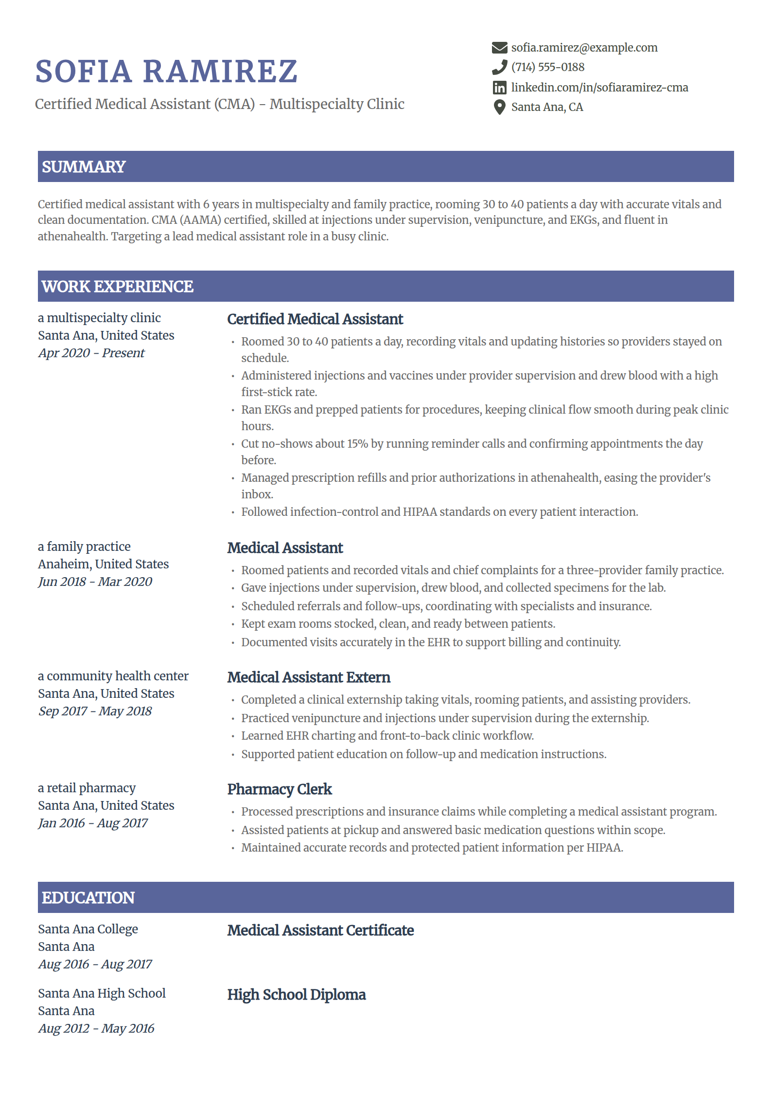 Medical assistant resume example in the Catalyst template