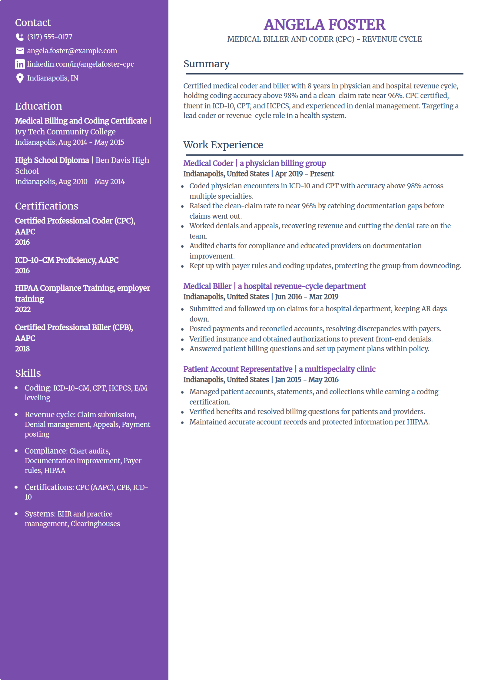 Medical biller and coder resume example in the Pioneer template