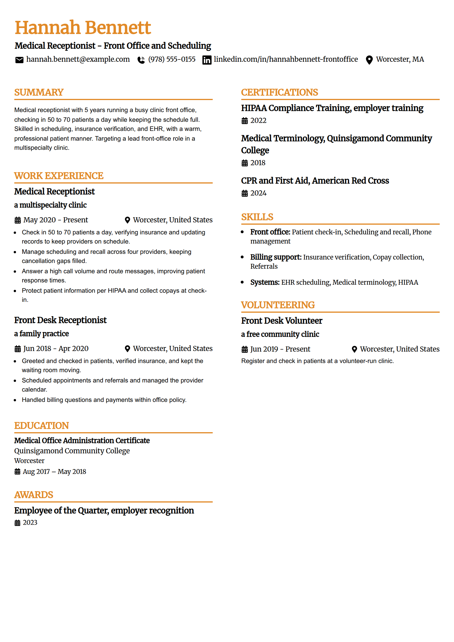 Medical receptionist resume example in the Professional Edge template