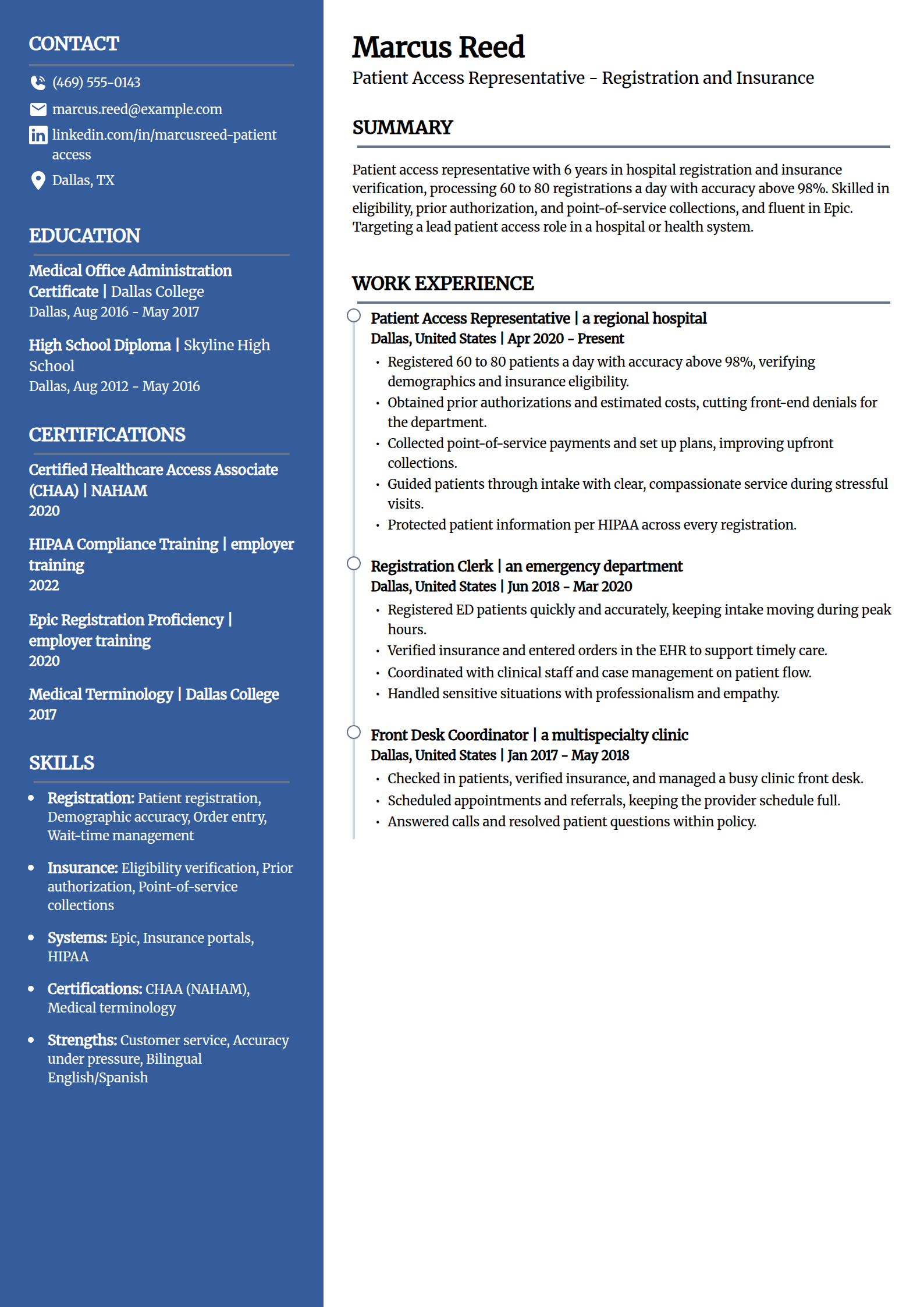 Patient access representative resume example in the Creative template