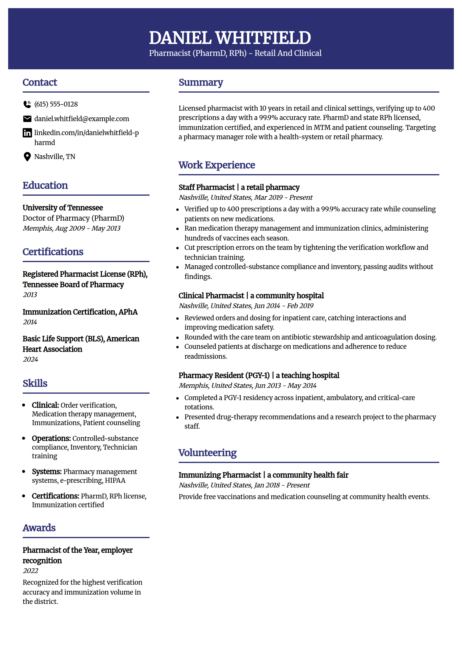 Pharmacist resume example in the Visionary template