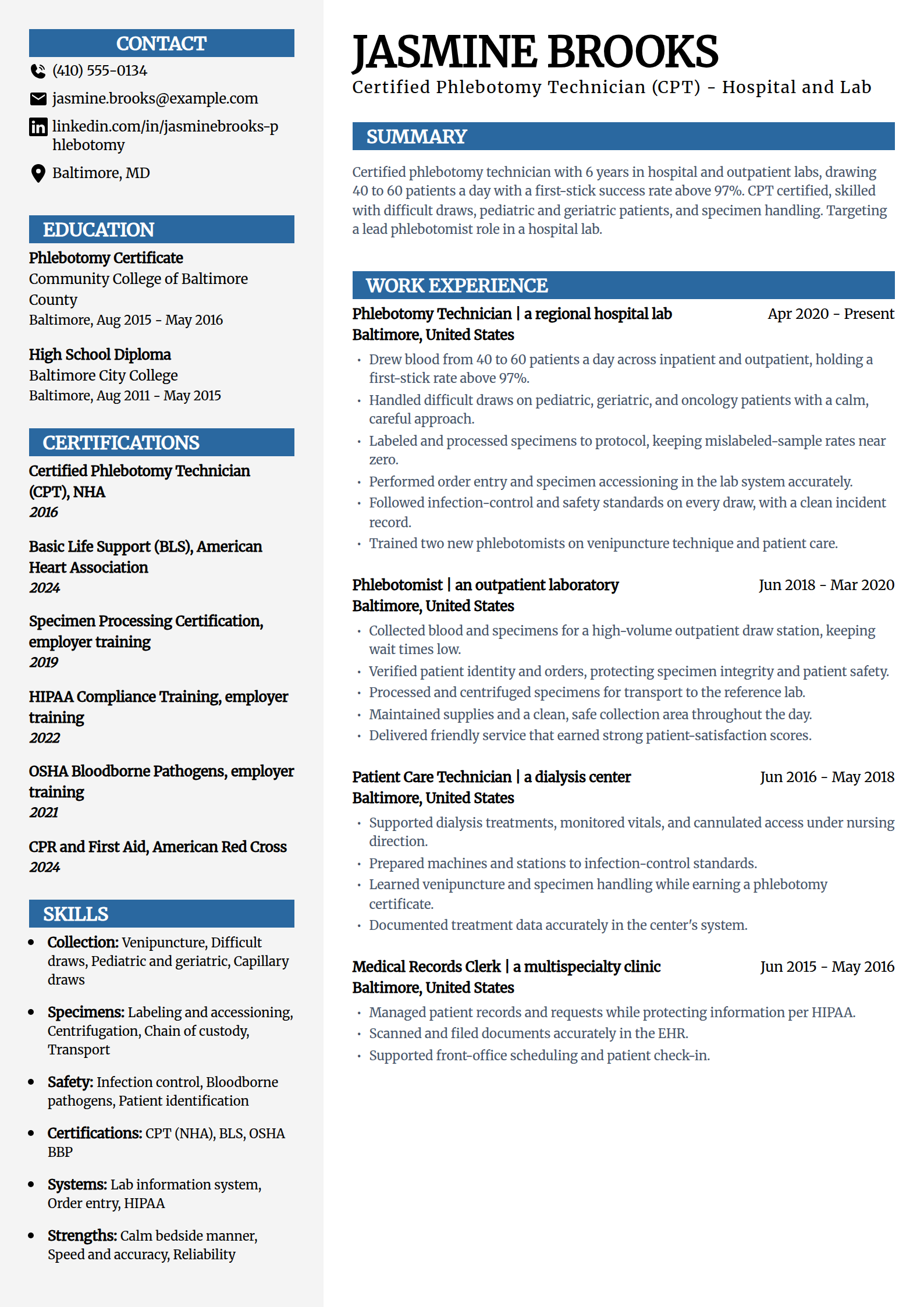 Phlebotomist resume example in the Mosaic template
