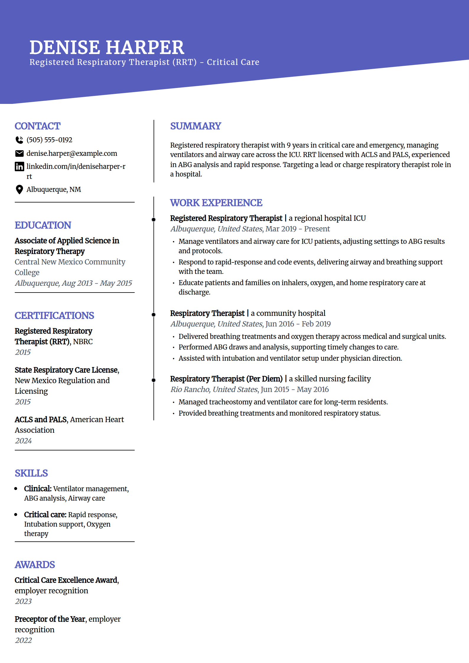 Respiratory therapist resume example in the Orbit template