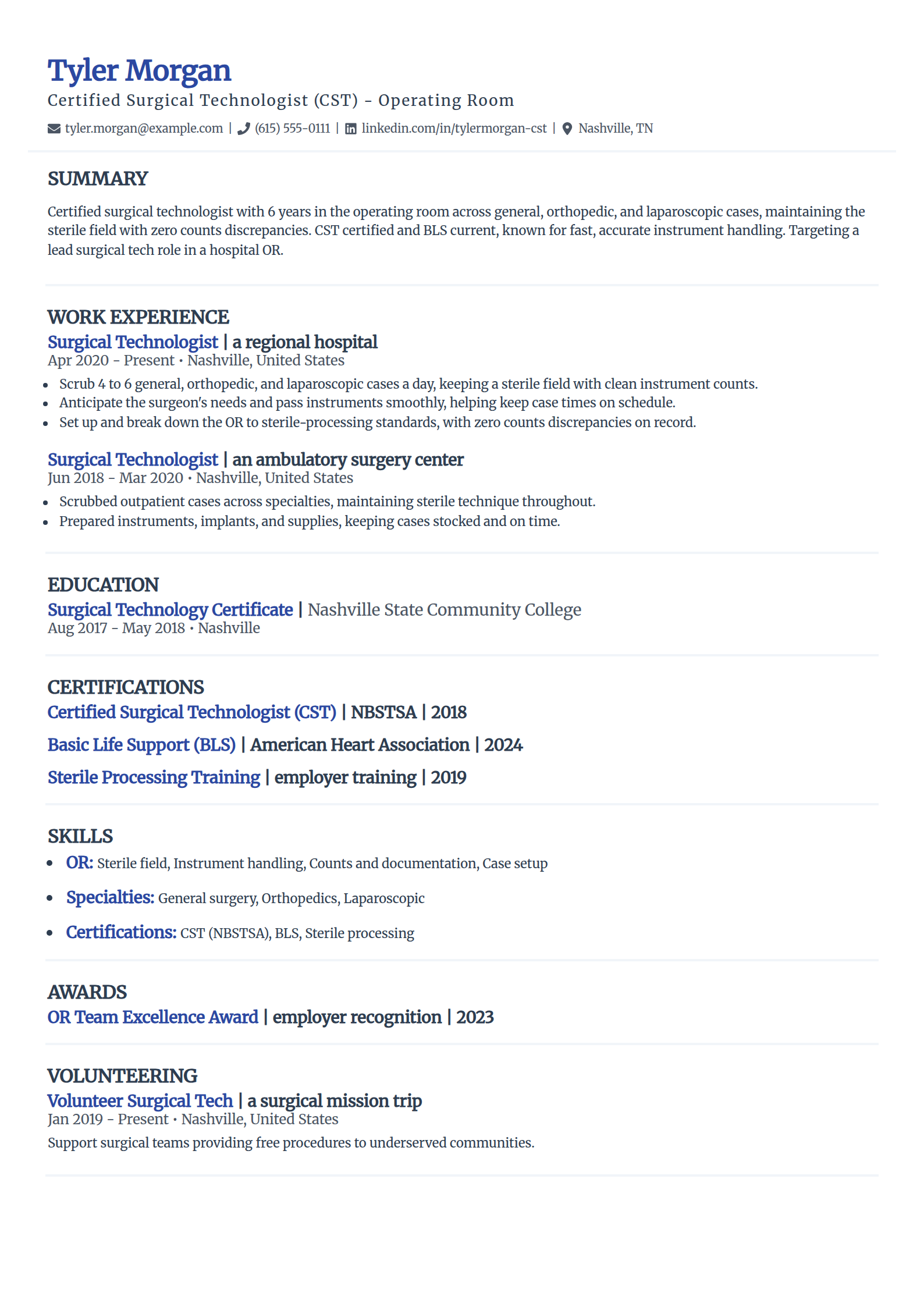 Surgical technologist resume example in the Elegant template
