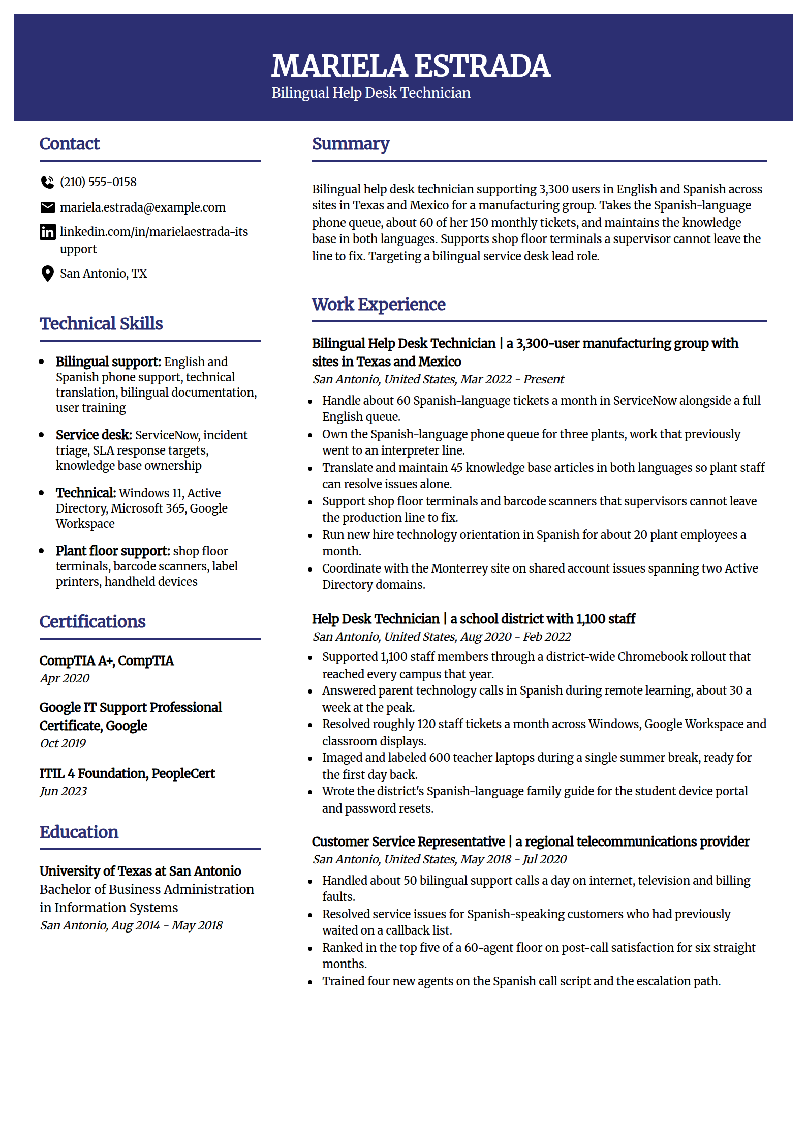 Bilingual help desk technician resume example in the Visionary template
