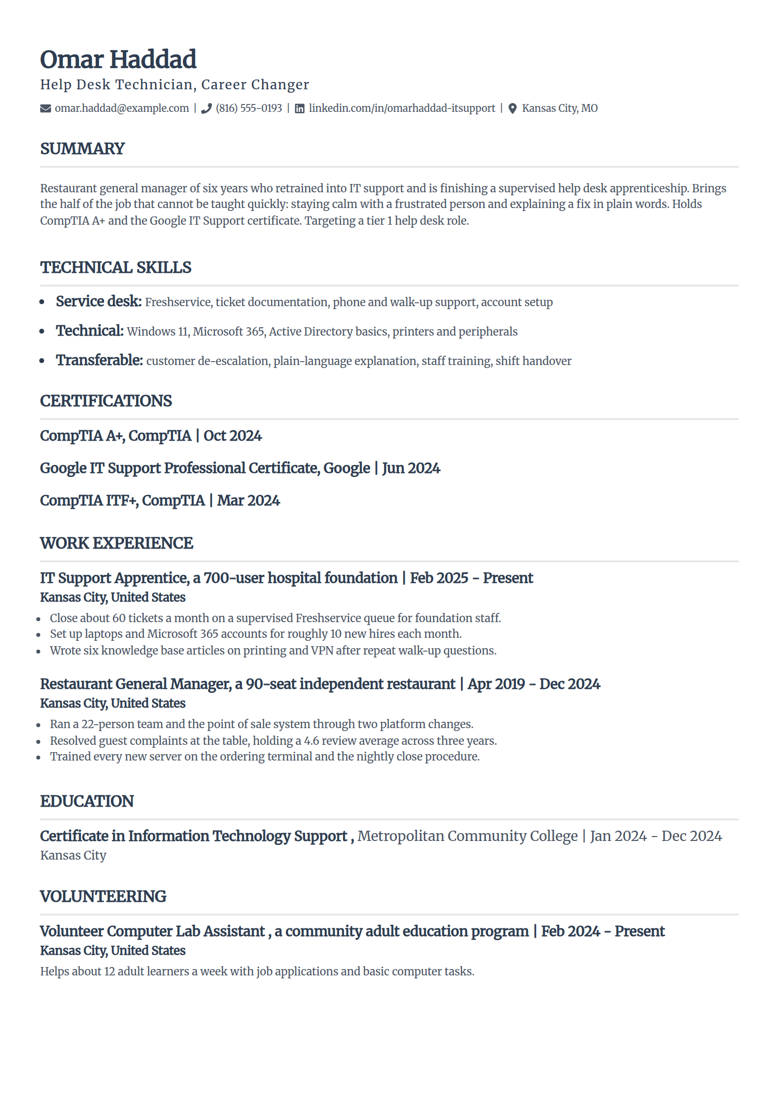 Career changer moving into help desk support resume example in the Classic template