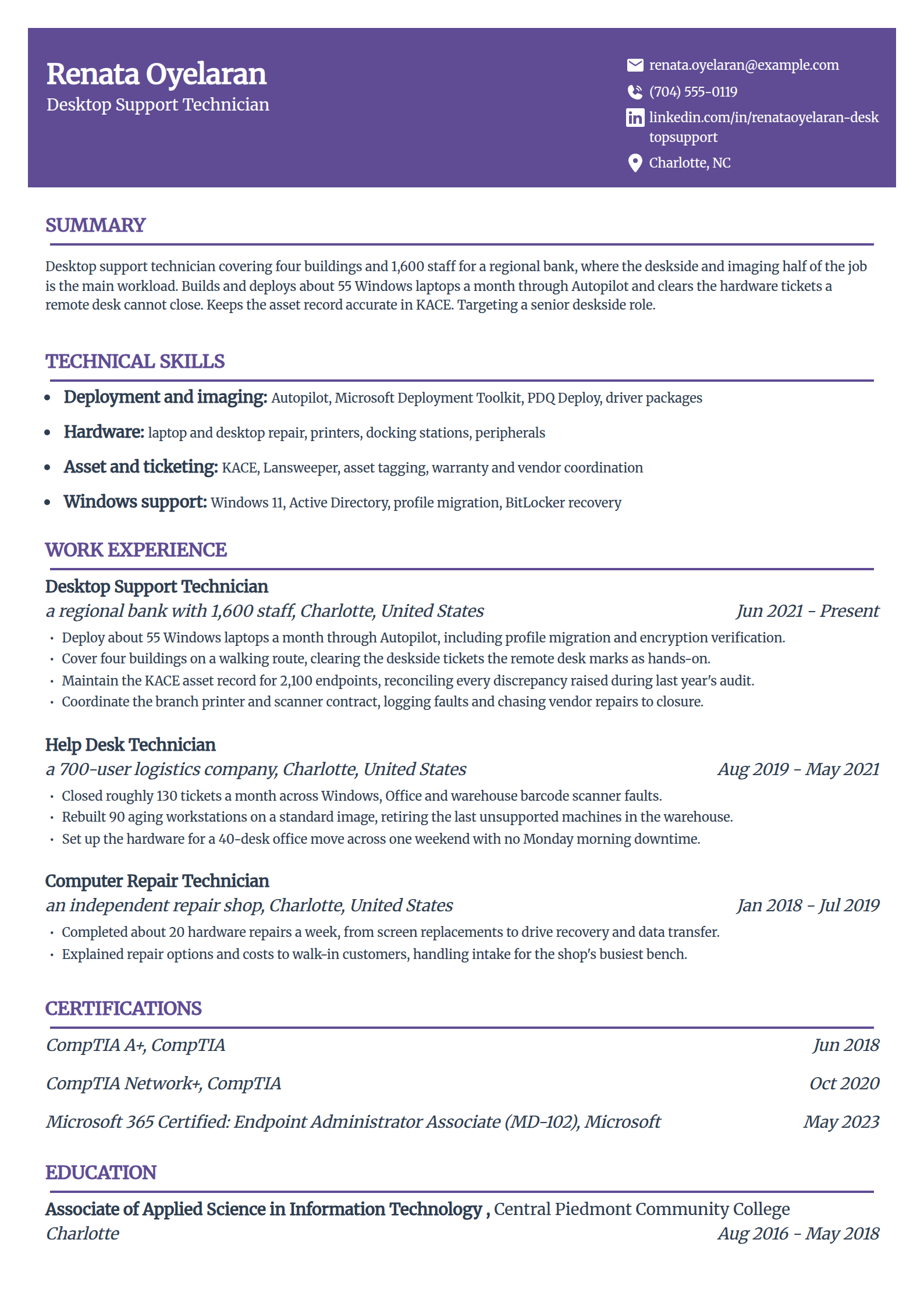 Desktop support technician resume example in the Panorama template