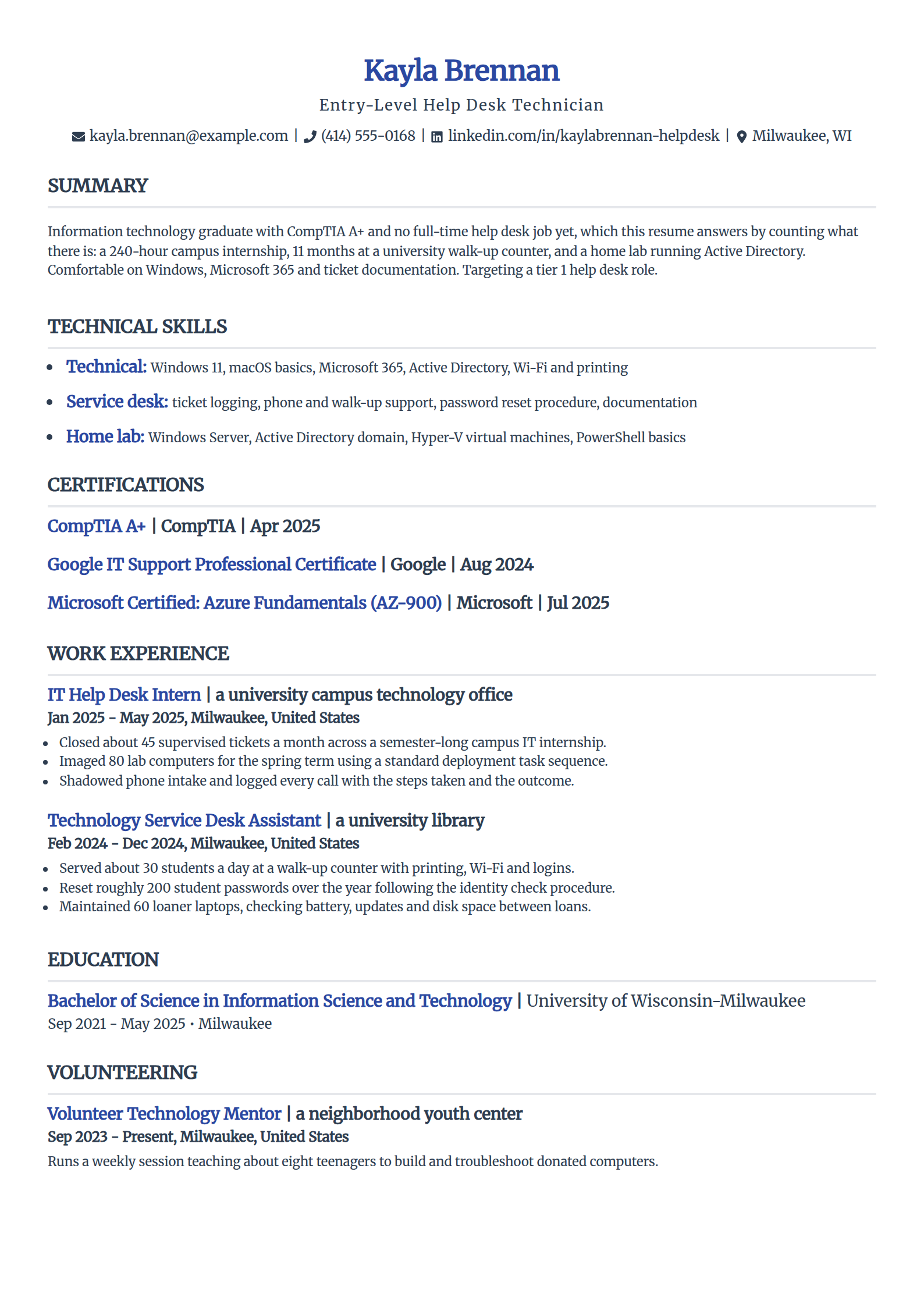 Entry-level help desk technician with CompTIA A plus resume example in the Simple template