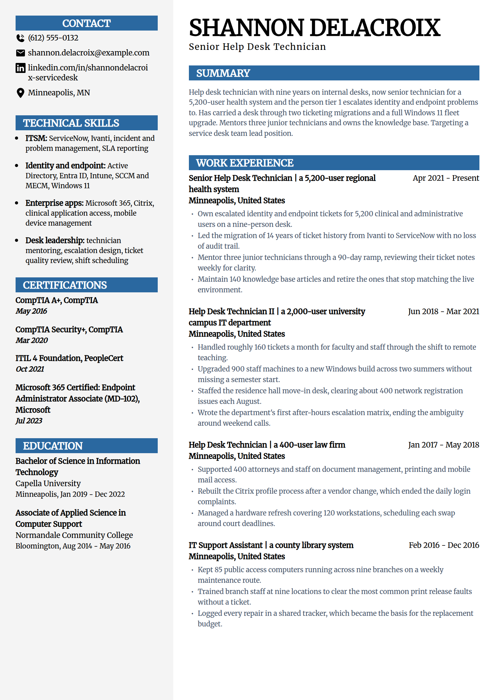 Experienced senior help desk technician resume example in the Mosaic template