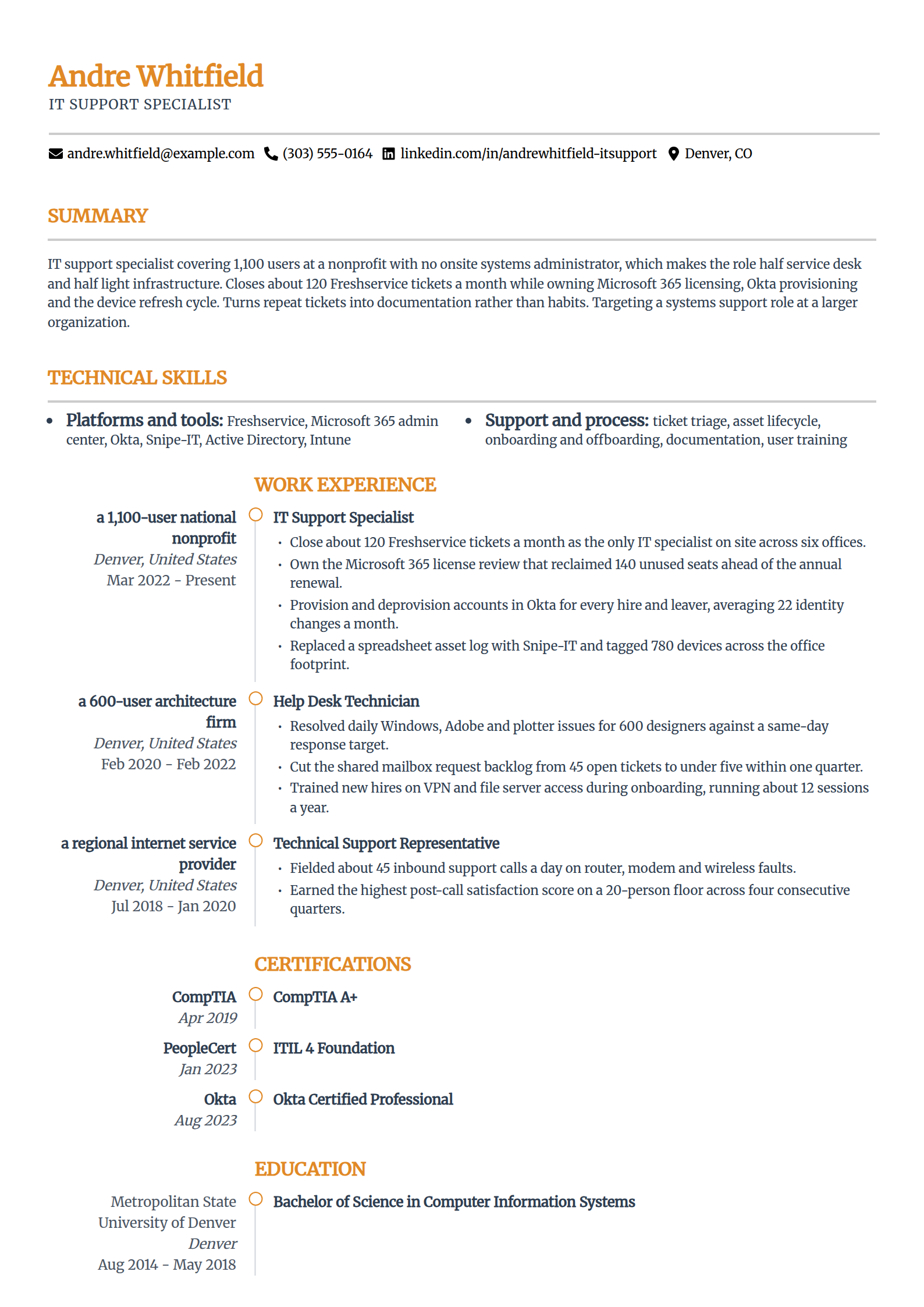 IT support specialist resume example in the Zenith template