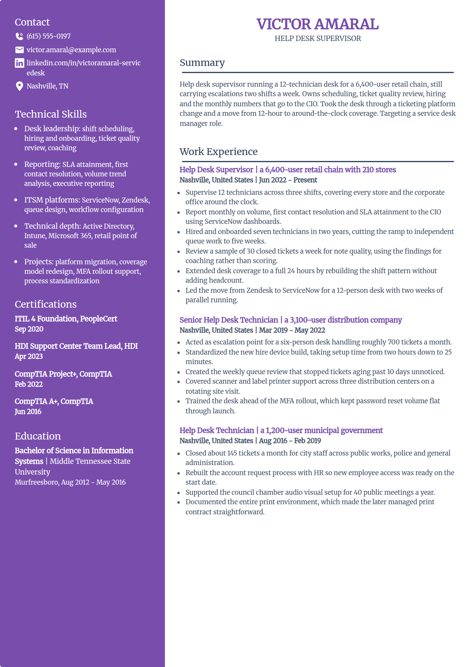 Help desk lead and supervisor resume example in the Pioneer template