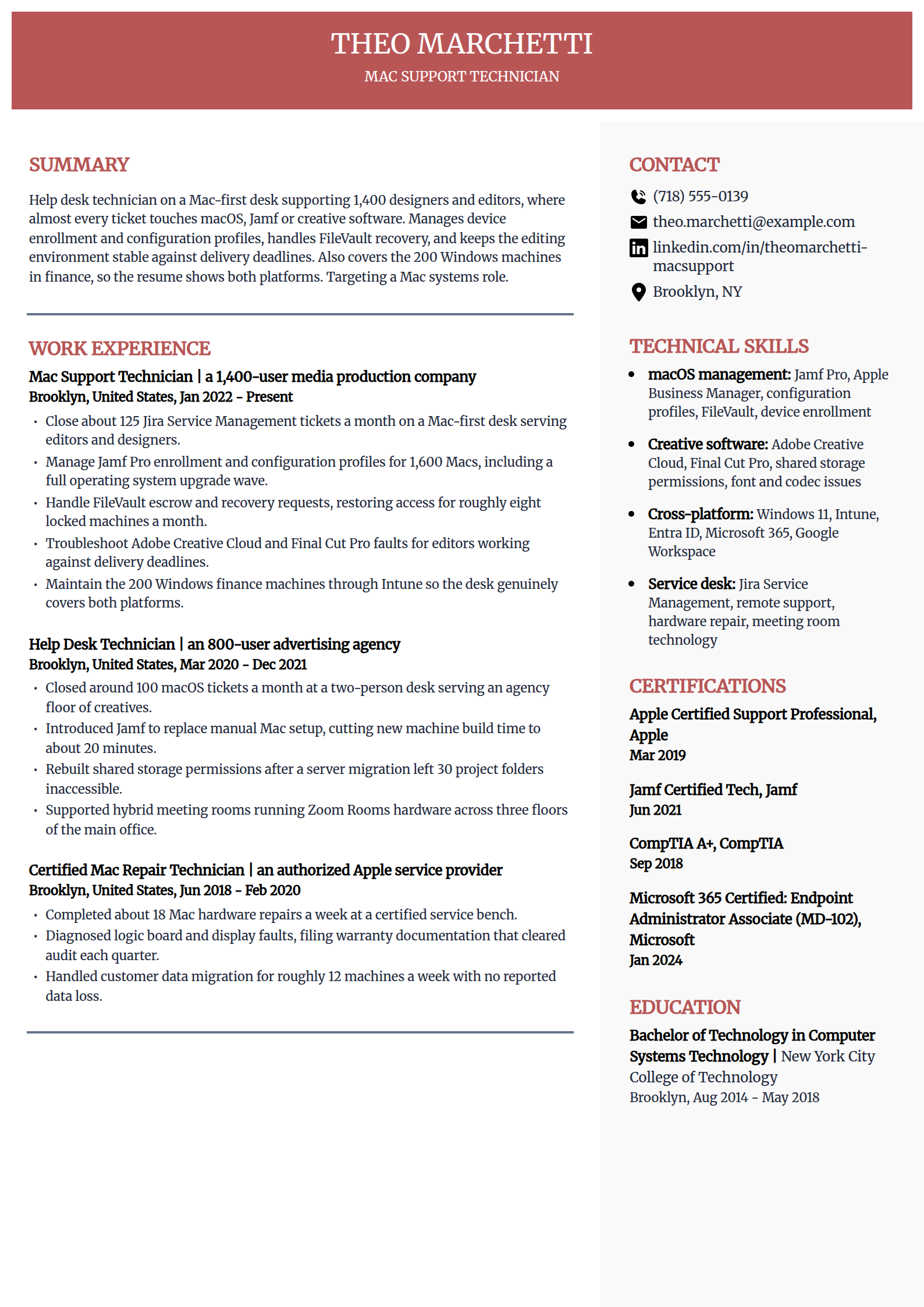 Mac and Jamf support technician resume example in the Executive template