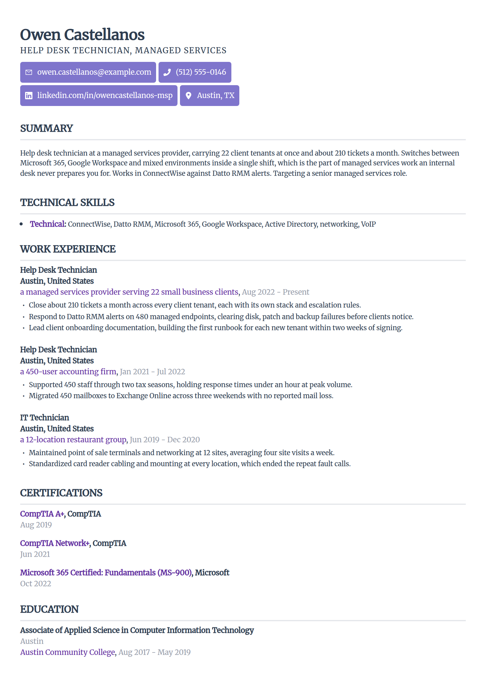 Managed services help desk technician resume example in the Sleek Framework template