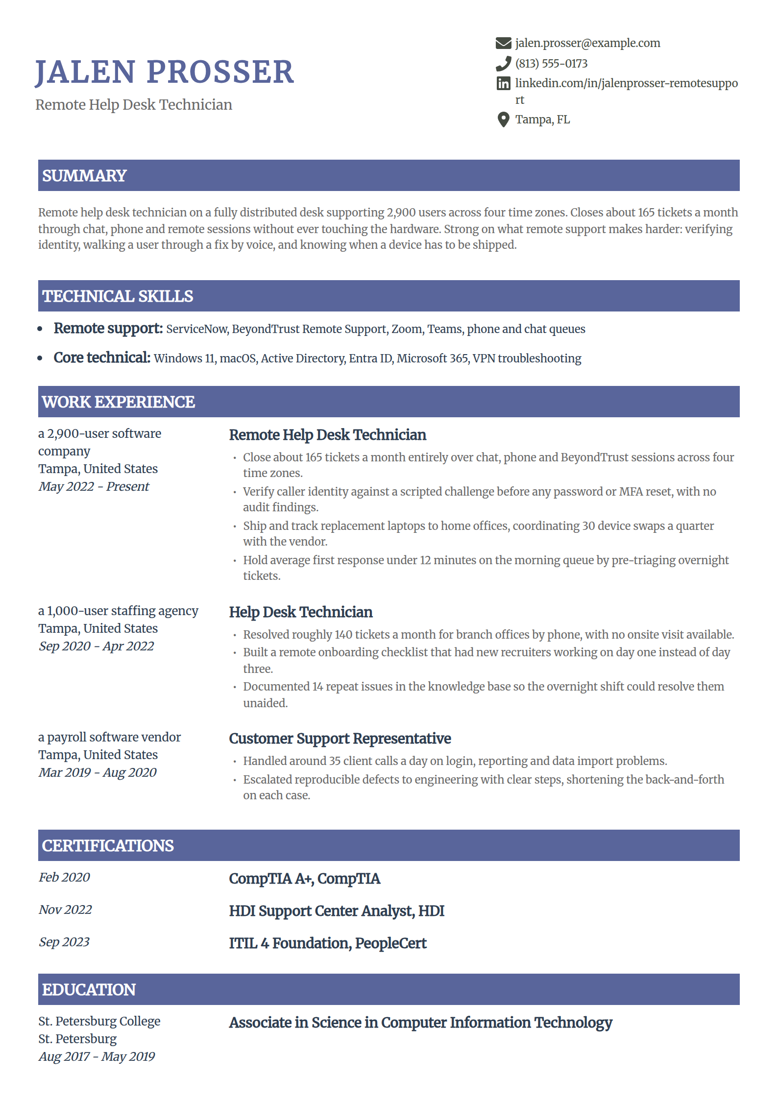 Remote help desk technician resume example in the Catalyst template