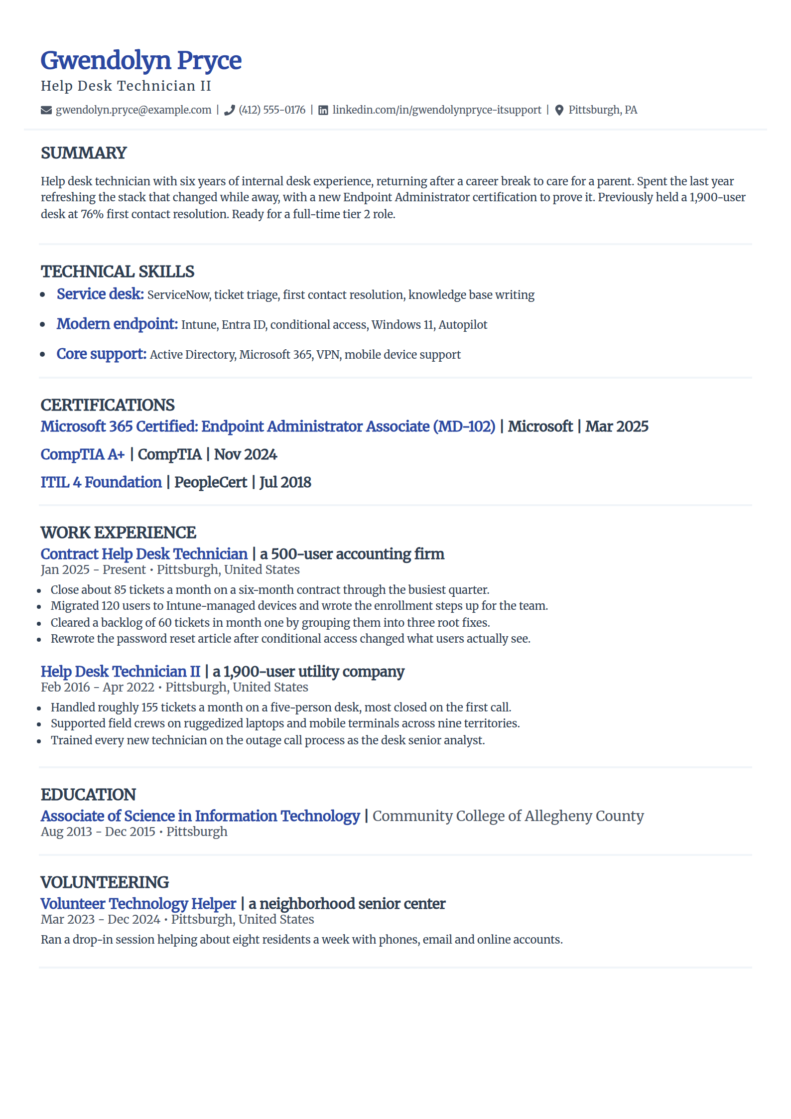 Help desk technician returning after a career break resume example in the Elegant template