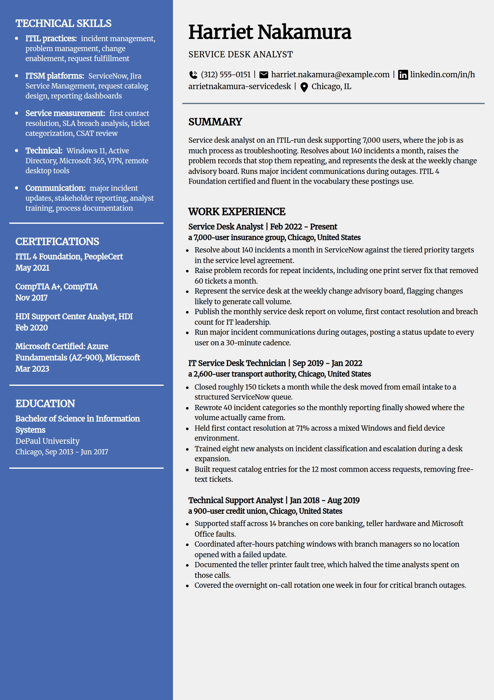 Service desk analyst resume example in the Innovative template