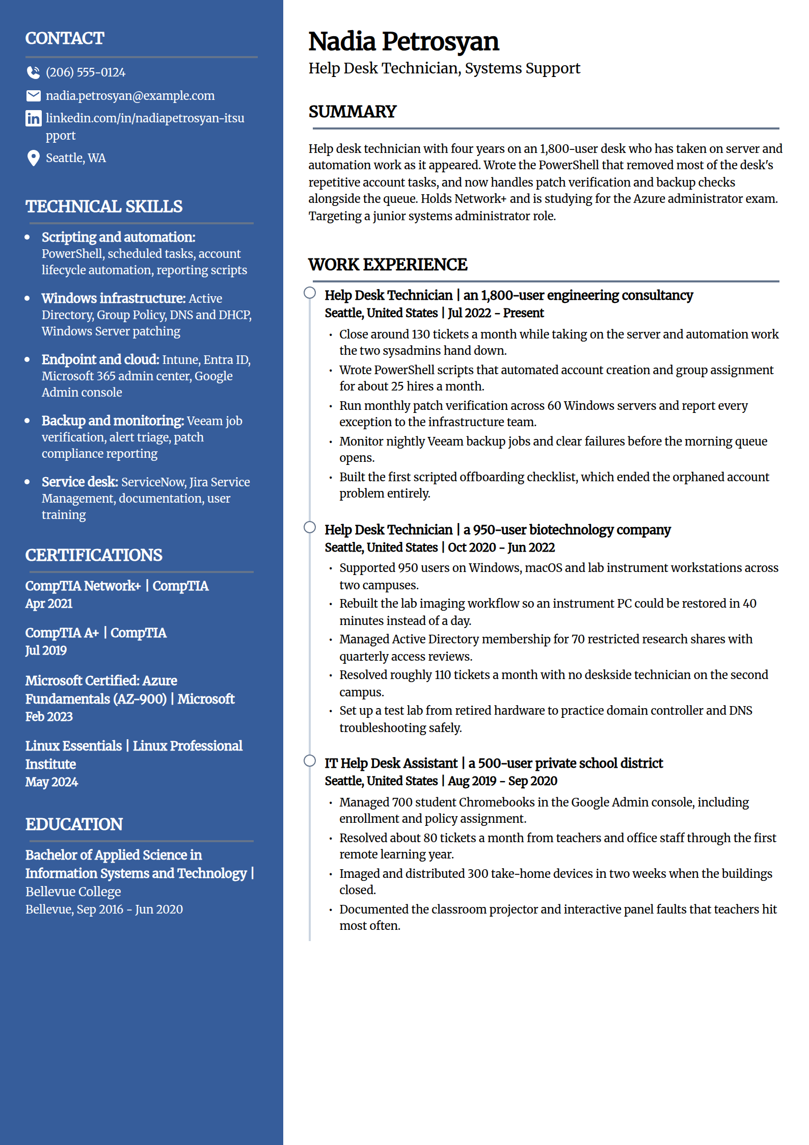 Help desk technician moving toward systems administration resume example in the Creative template