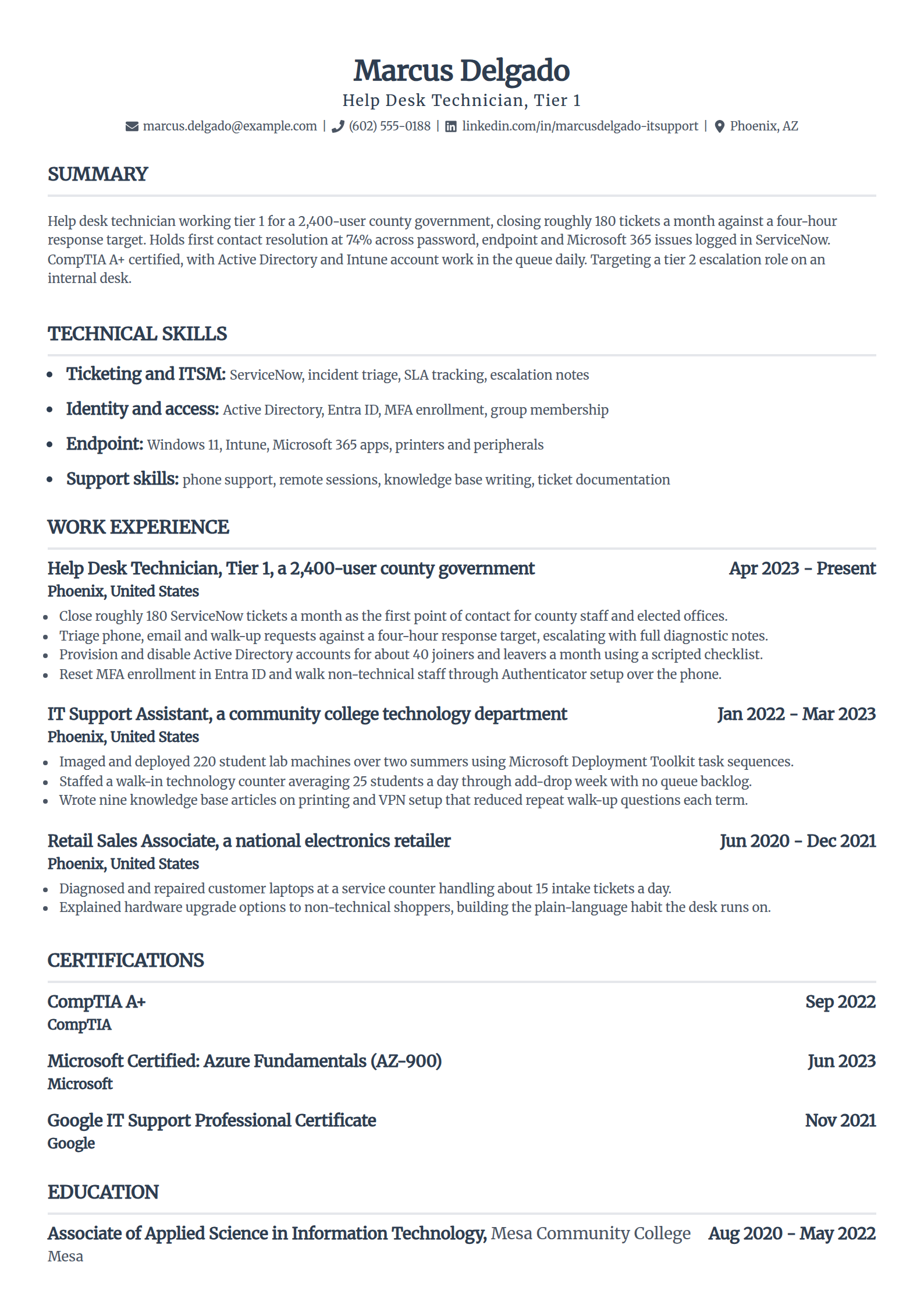 Tier 1 help desk technician resume example in the Standard template
