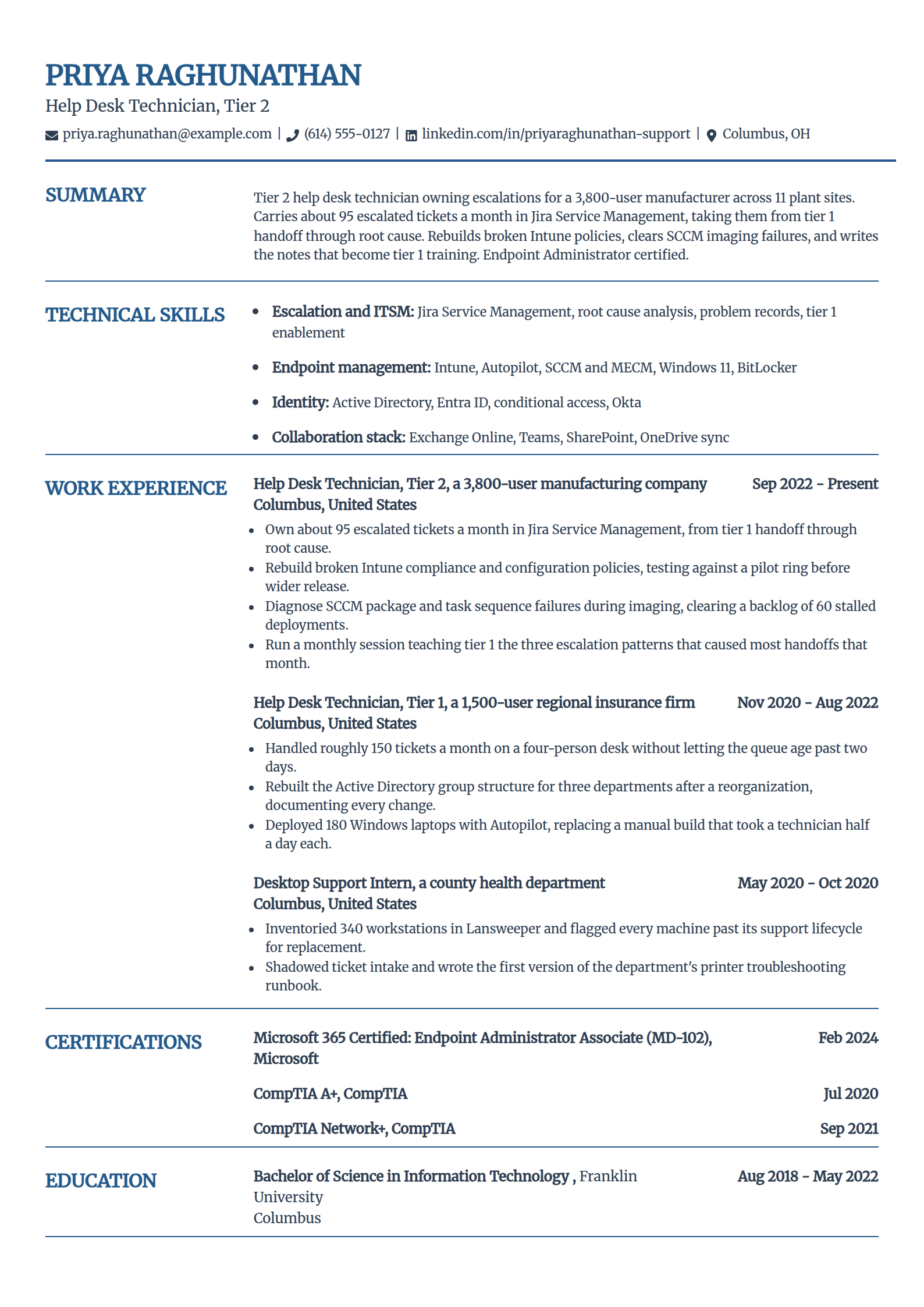 Tier 2 help desk technician resume example in the Craft template