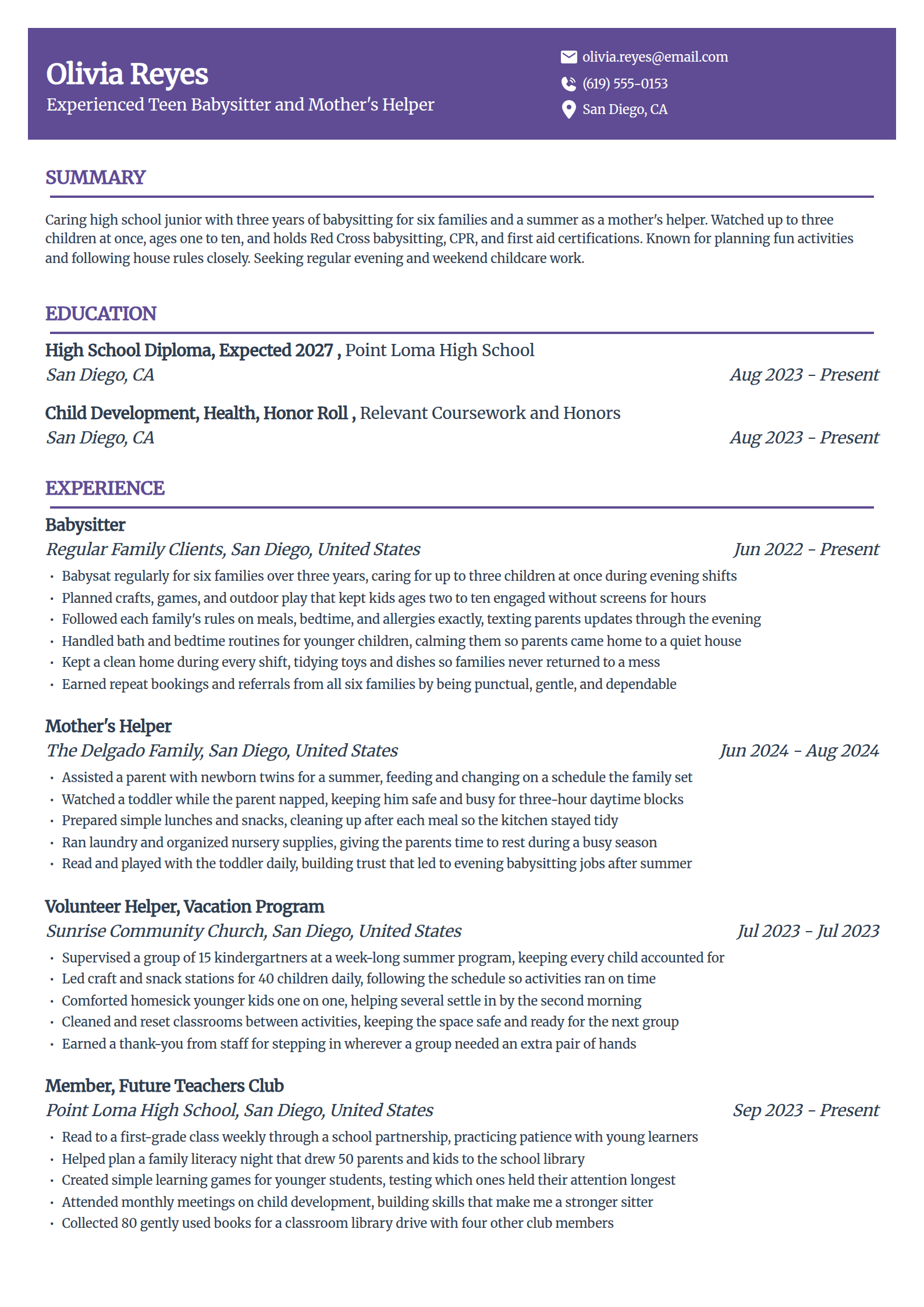 Babysitter resume example in the Panorama template