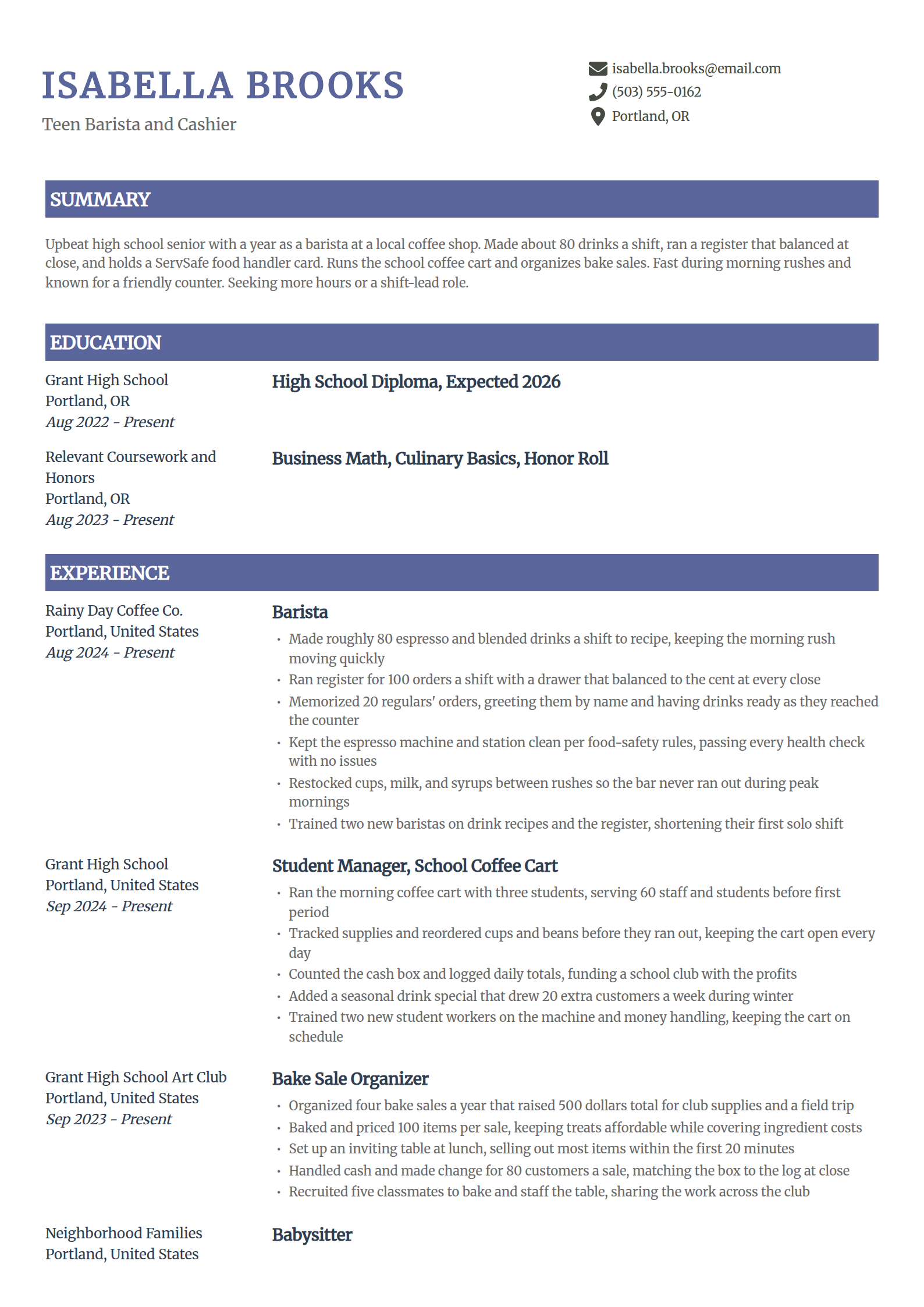 Barista (teen) resume example in the Catalyst template