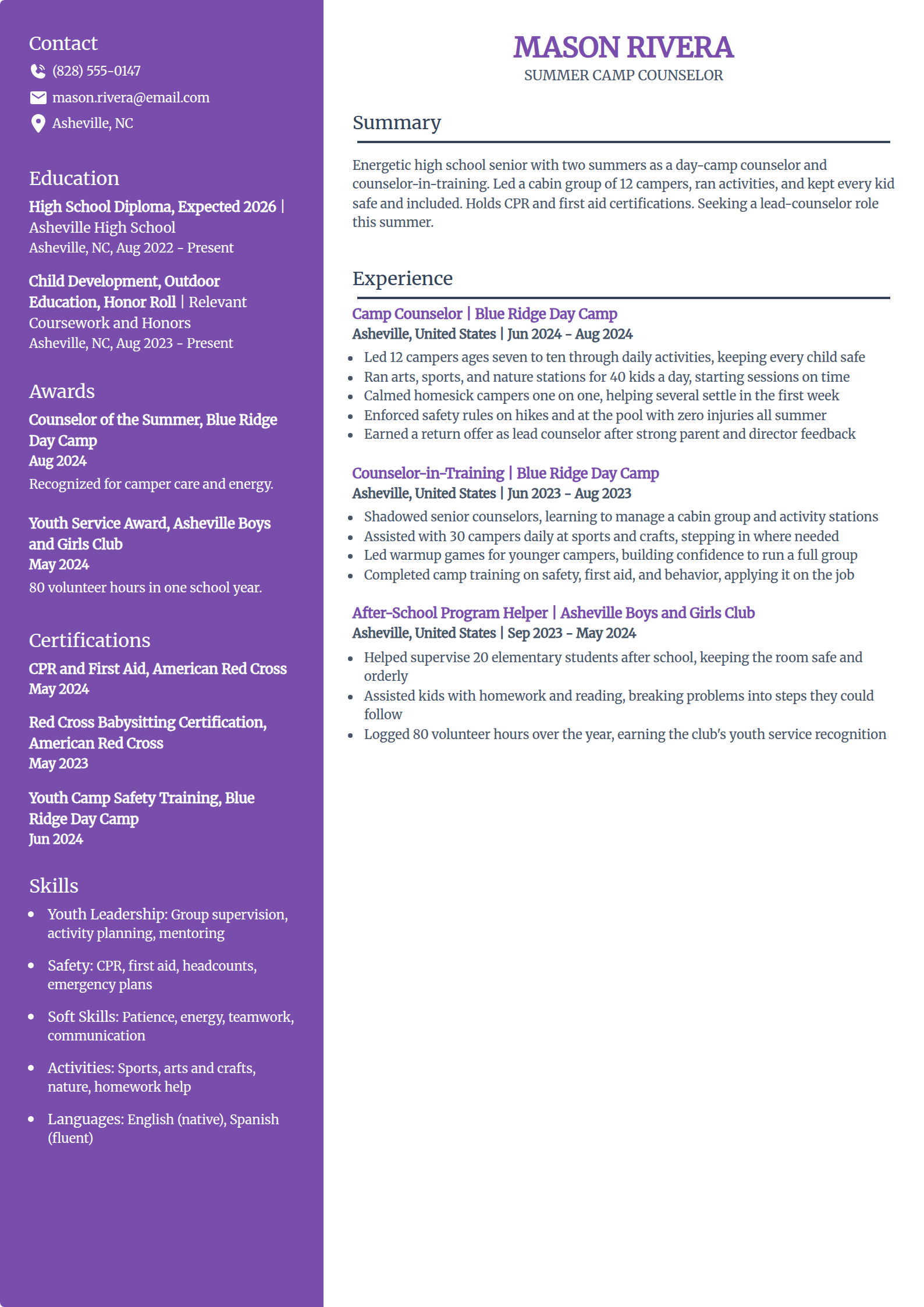Camp counselor resume example in the Pioneer template