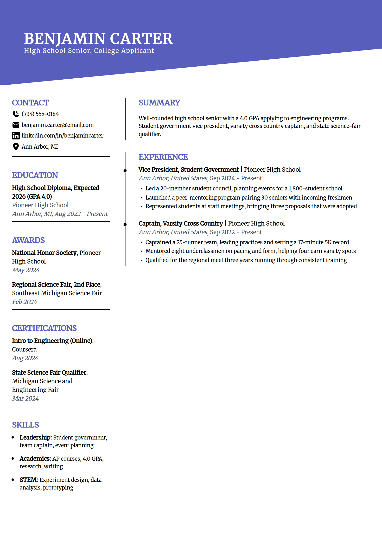 College application resume example in the Orbit template