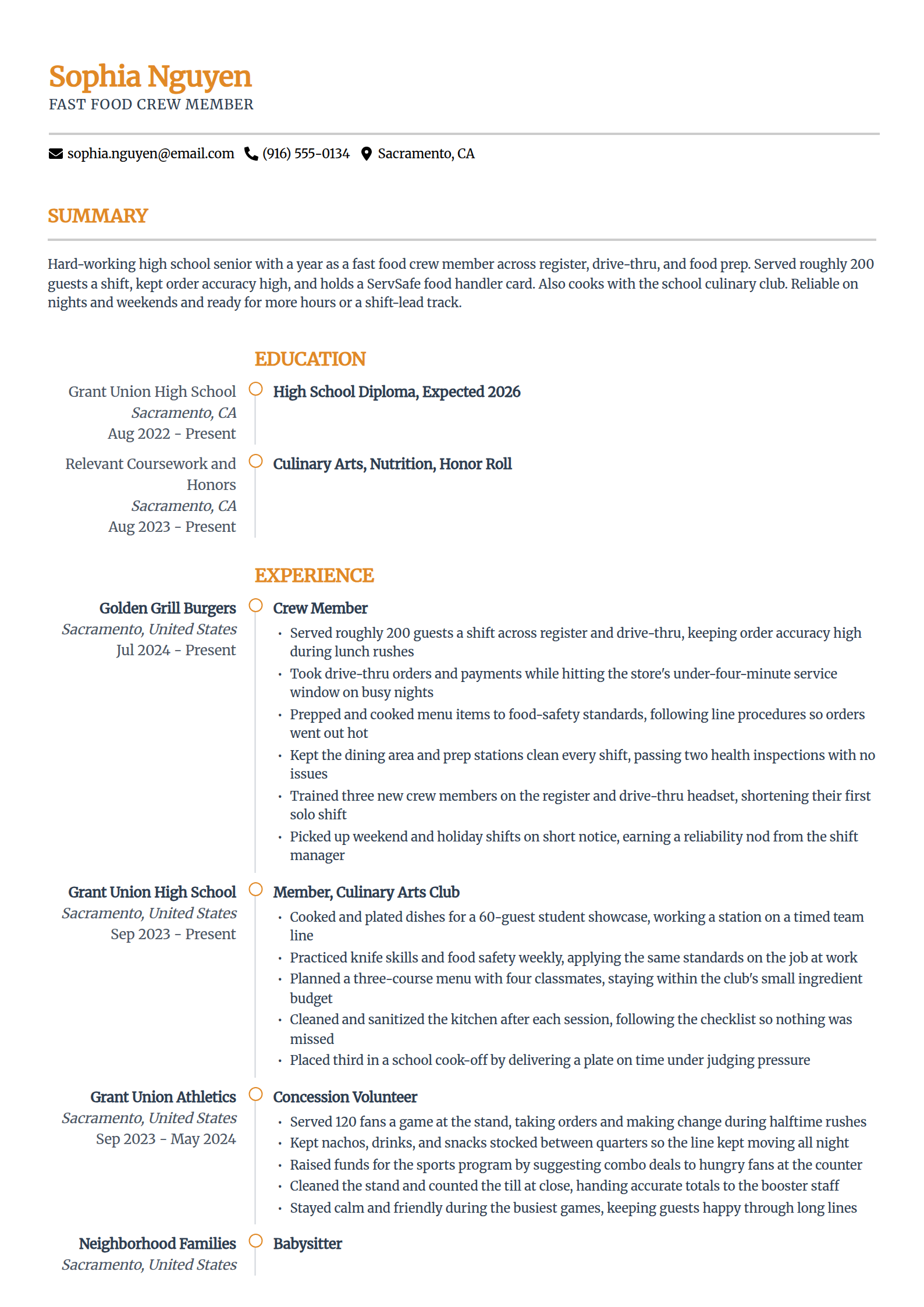 Fast food crew member resume example in the Zenith template