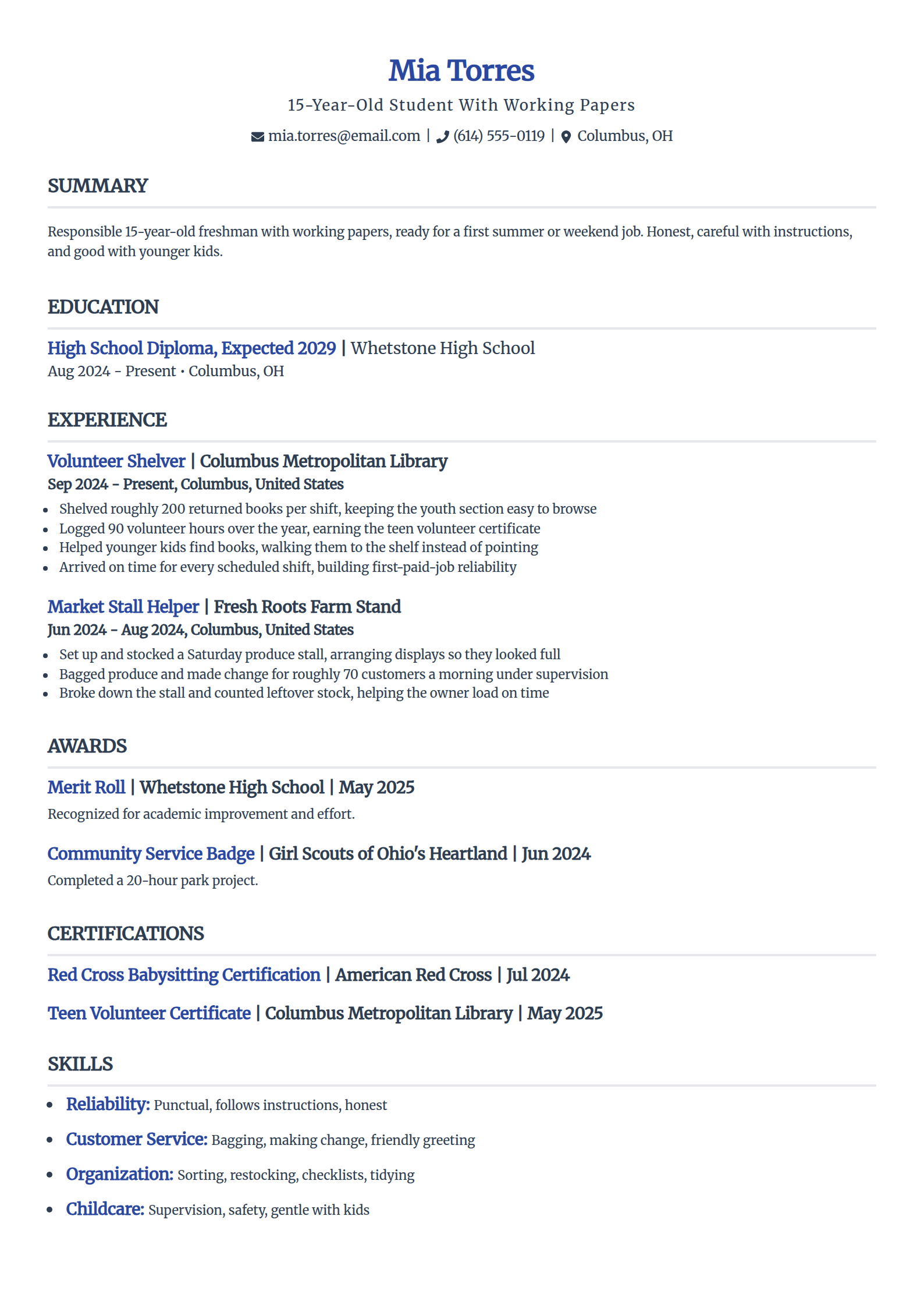 15-year-old (working papers) resume example in the Simple template