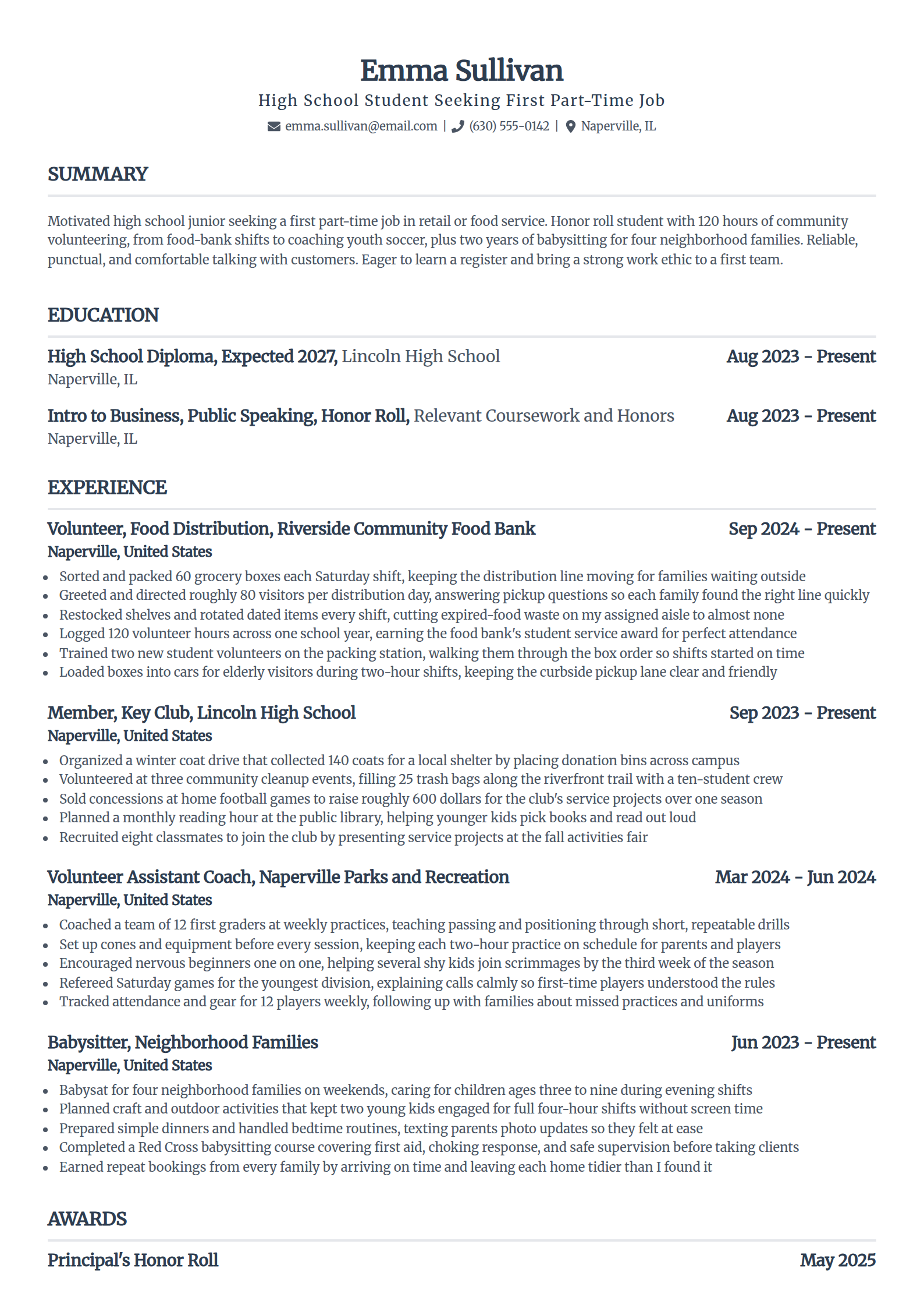 First job (no experience) resume example in the Standard template