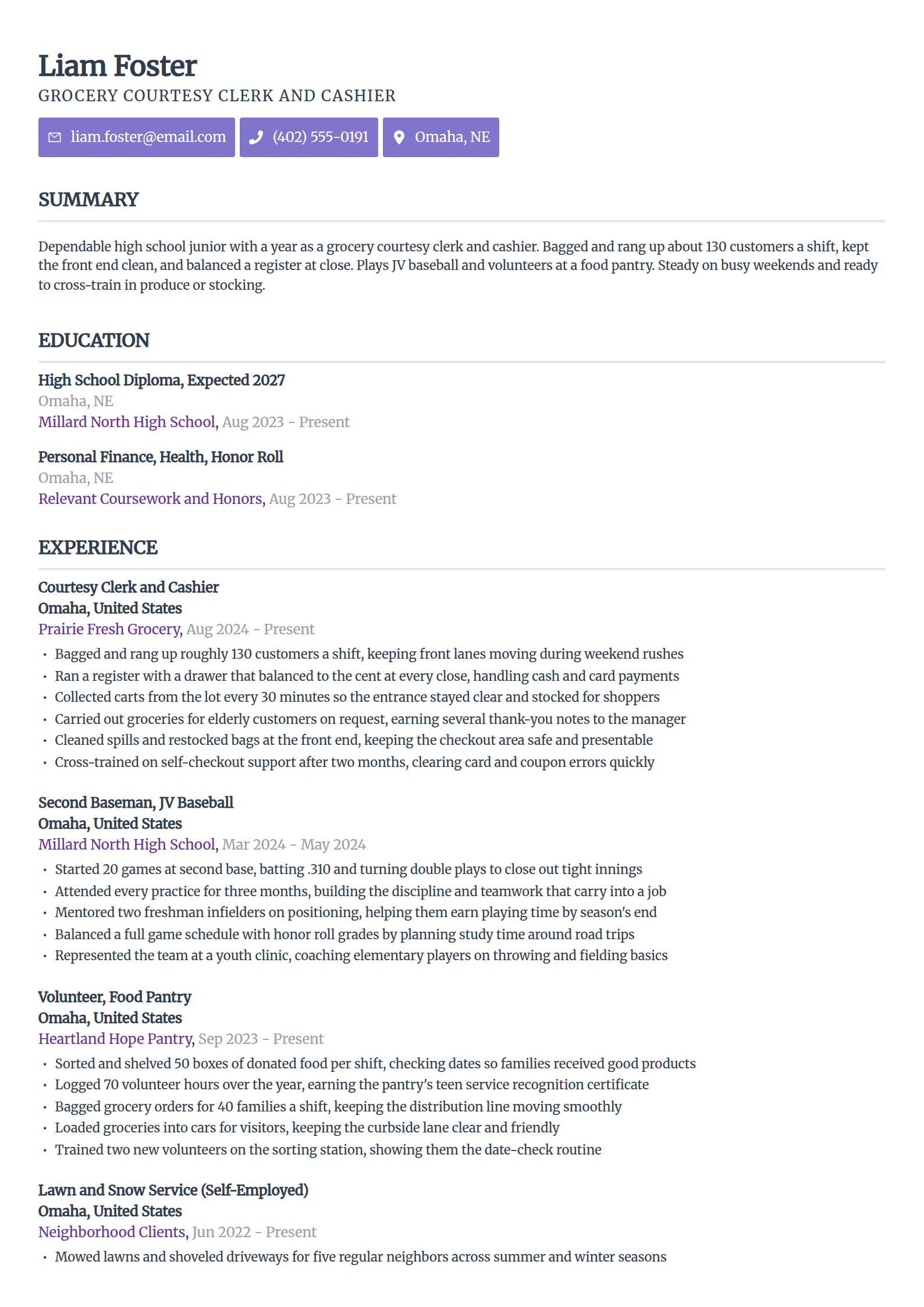Grocery bagger / cashier resume example in the Sleek Framework template