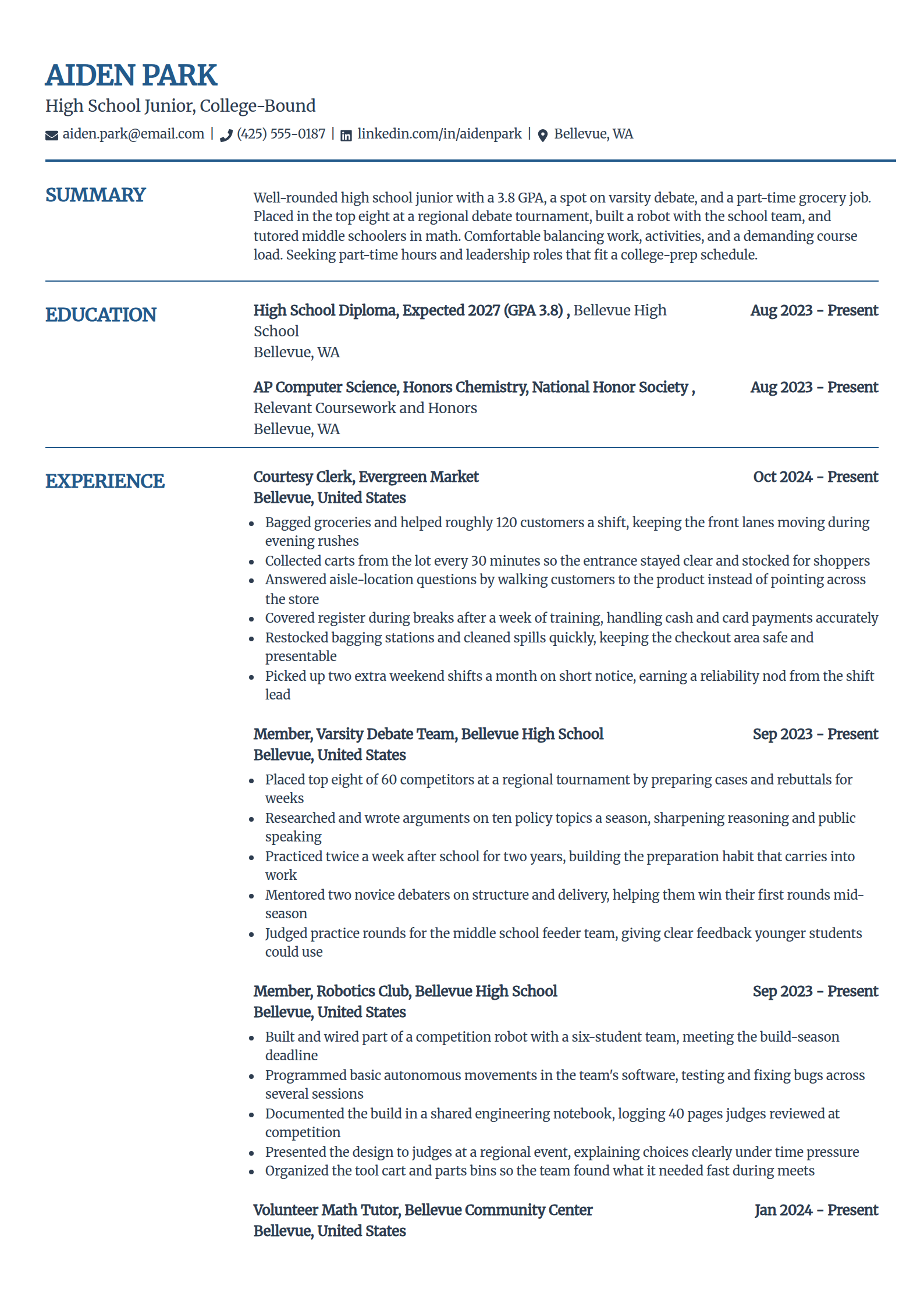 High school student resume example in the Craft template