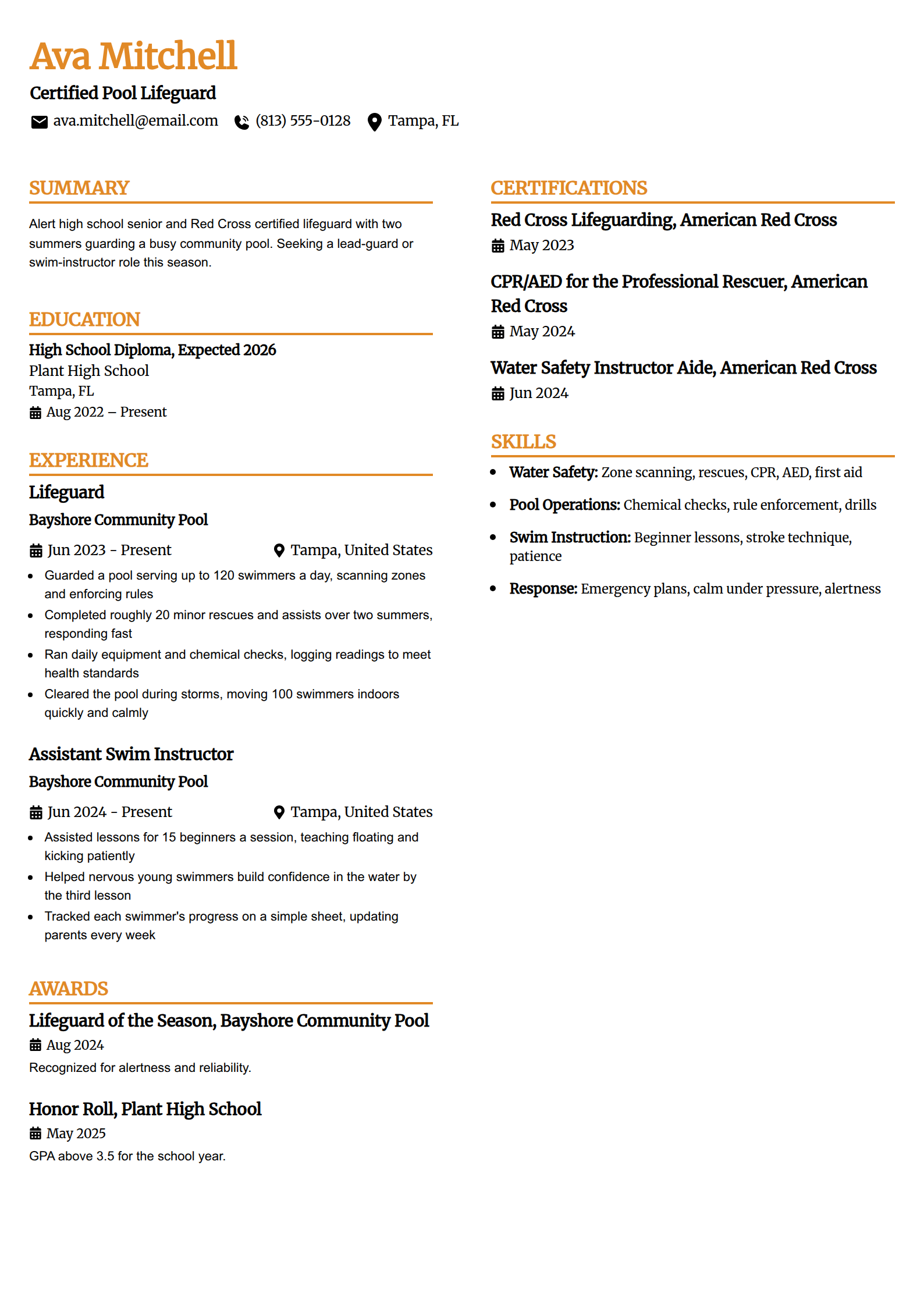 Lifeguard resume example in the Professional Edge template