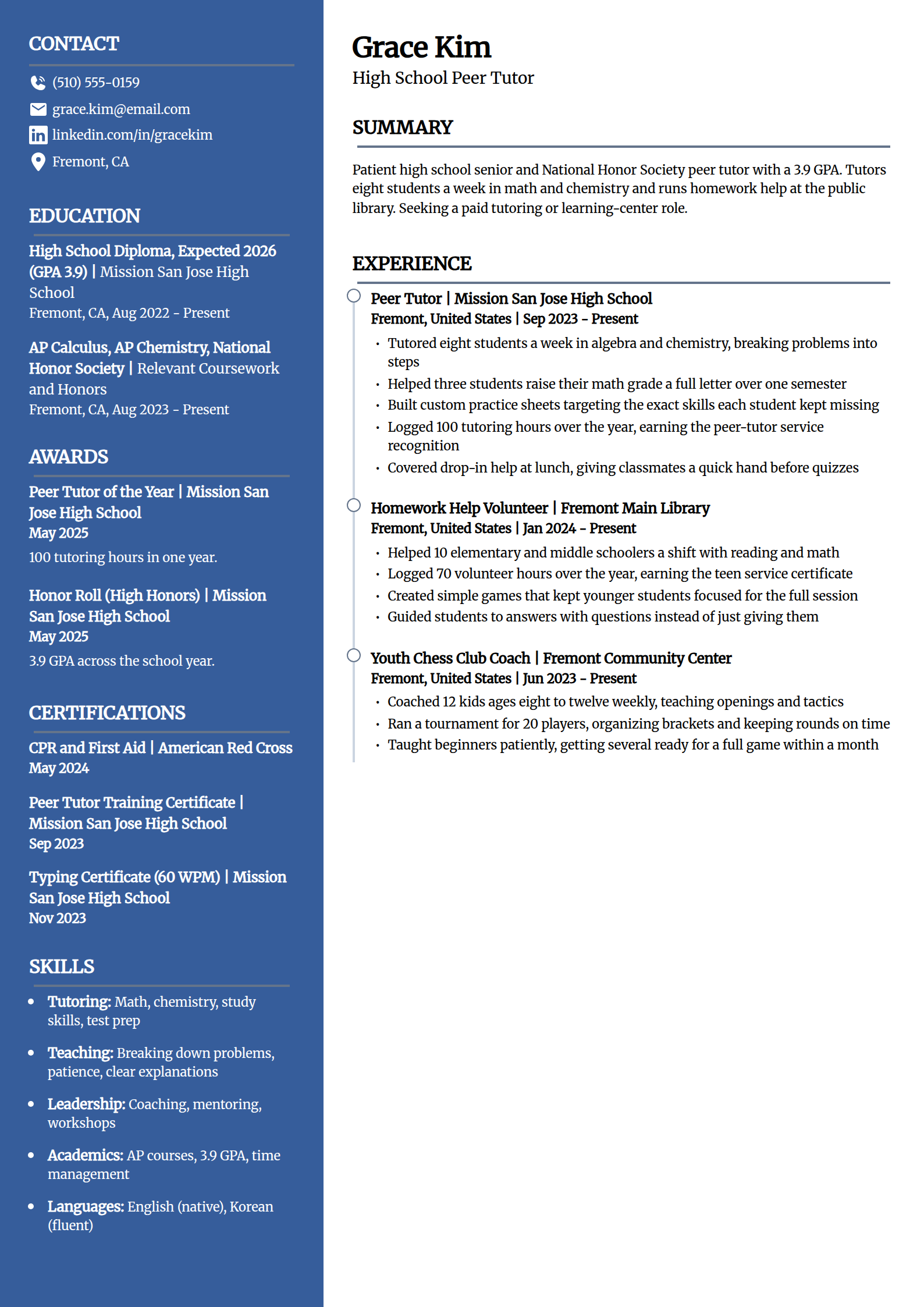 Peer tutor resume example in the Creative template