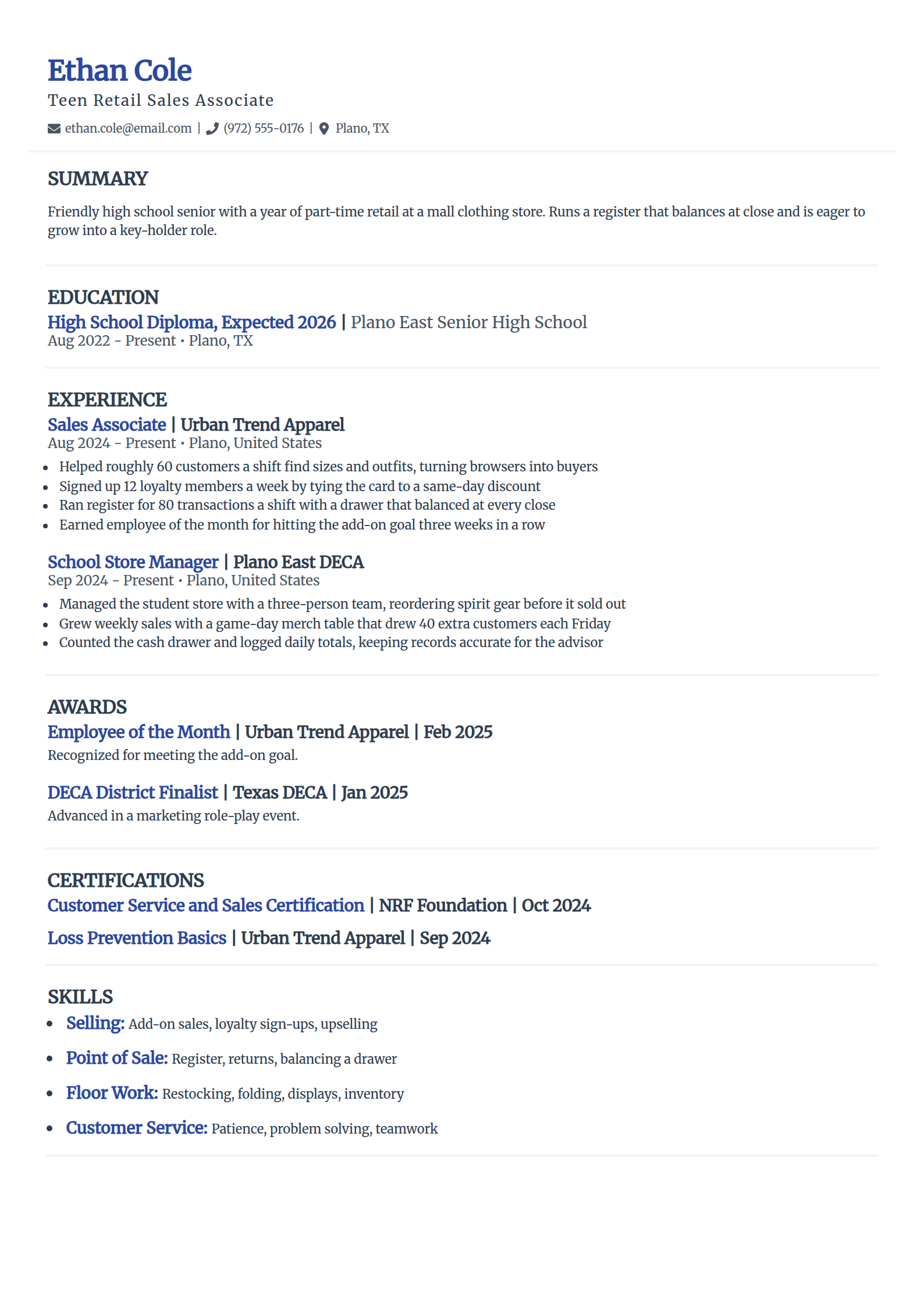 Retail associate (teen) resume example in the Elegant template