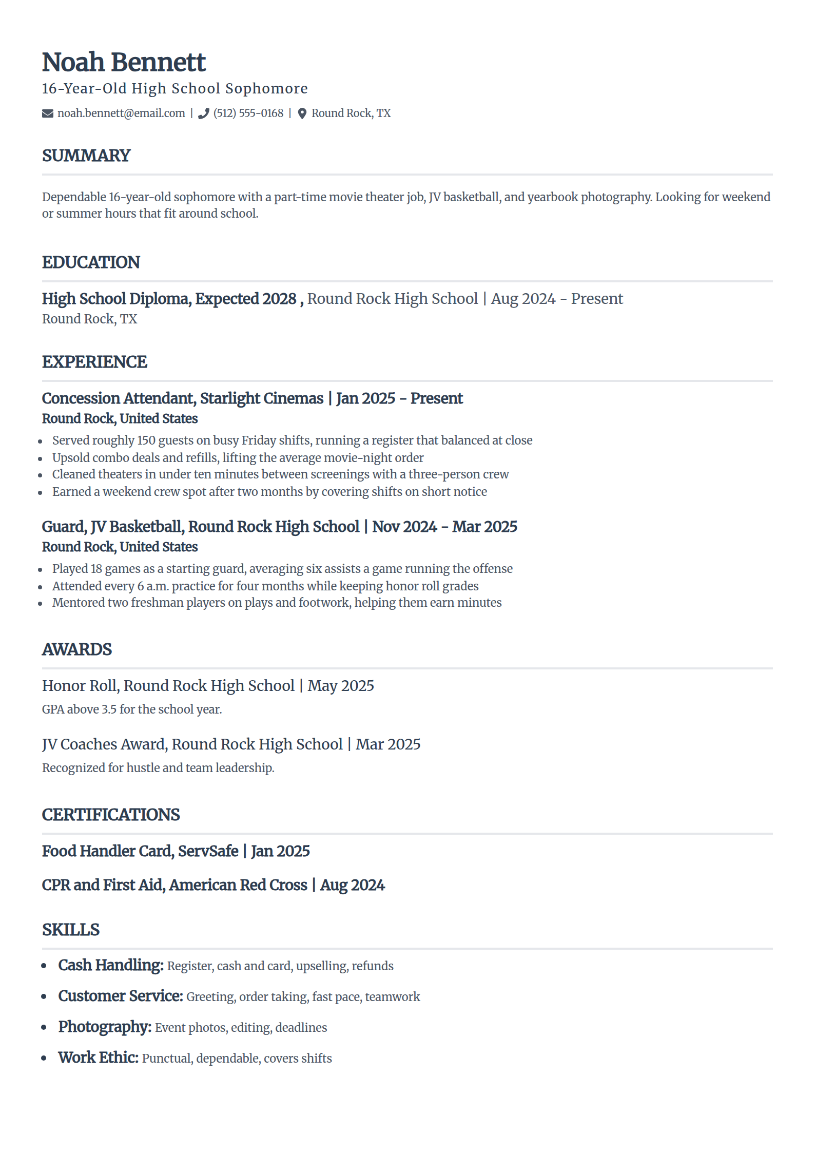 Teenager (16 years old) resume example in the Classic template