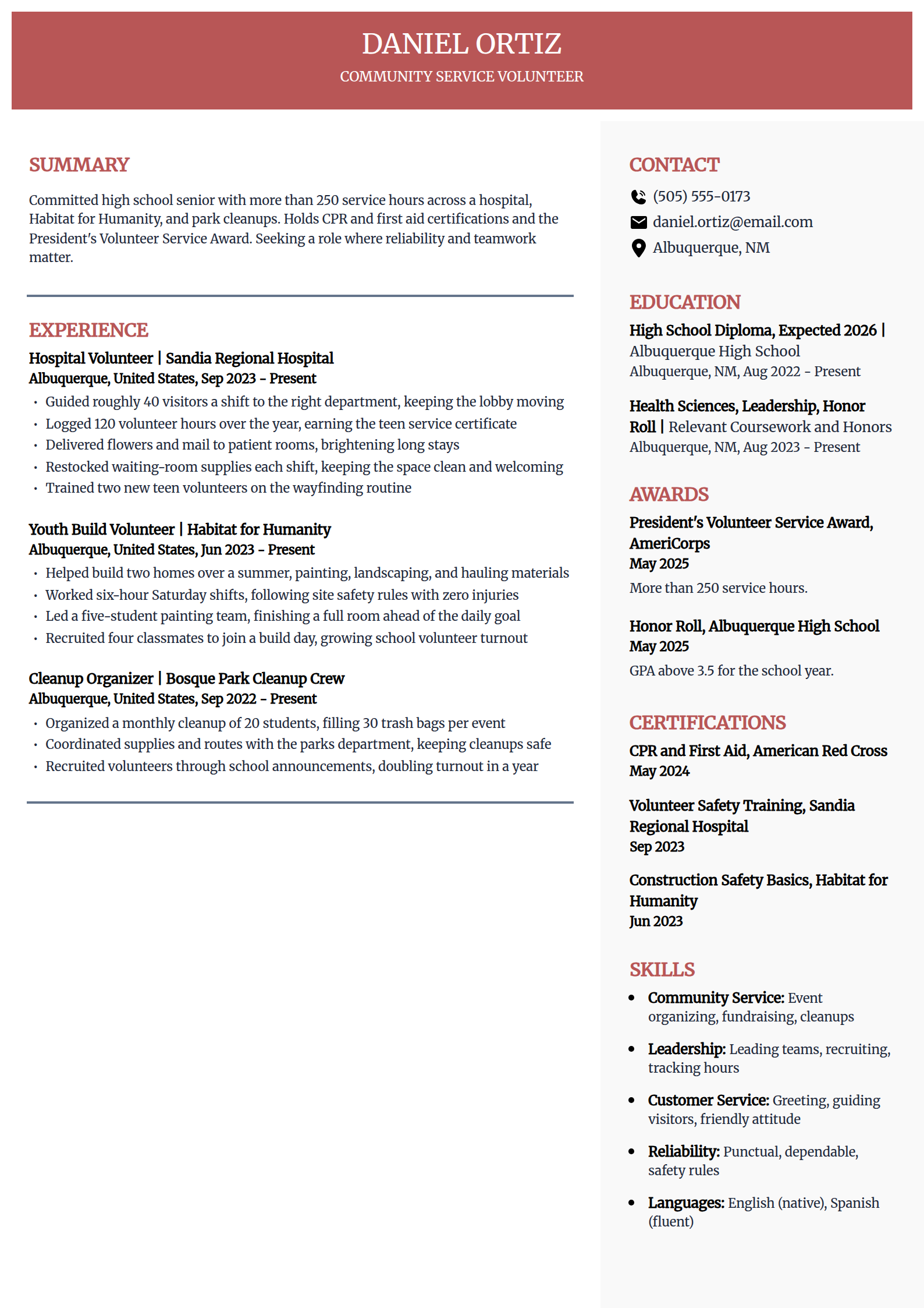 Volunteer / community service resume example in the Executive template