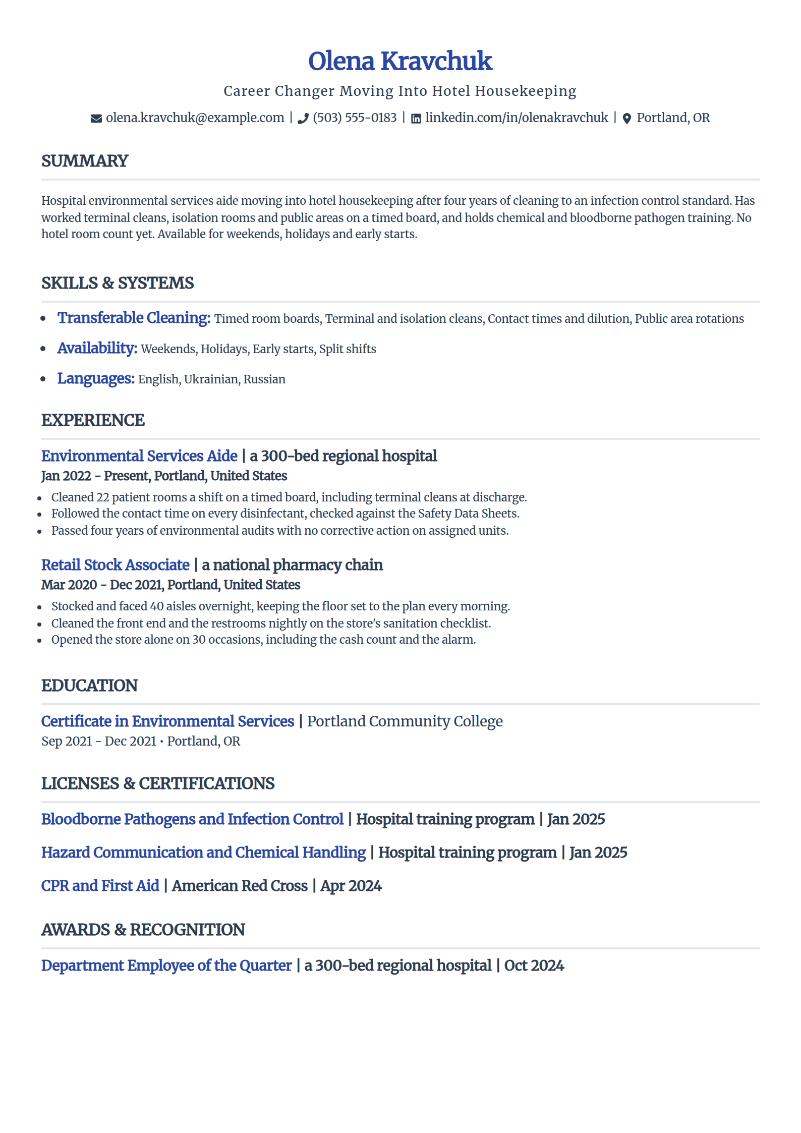 Career changer moving into hotel housekeeping resume example in the Simple template