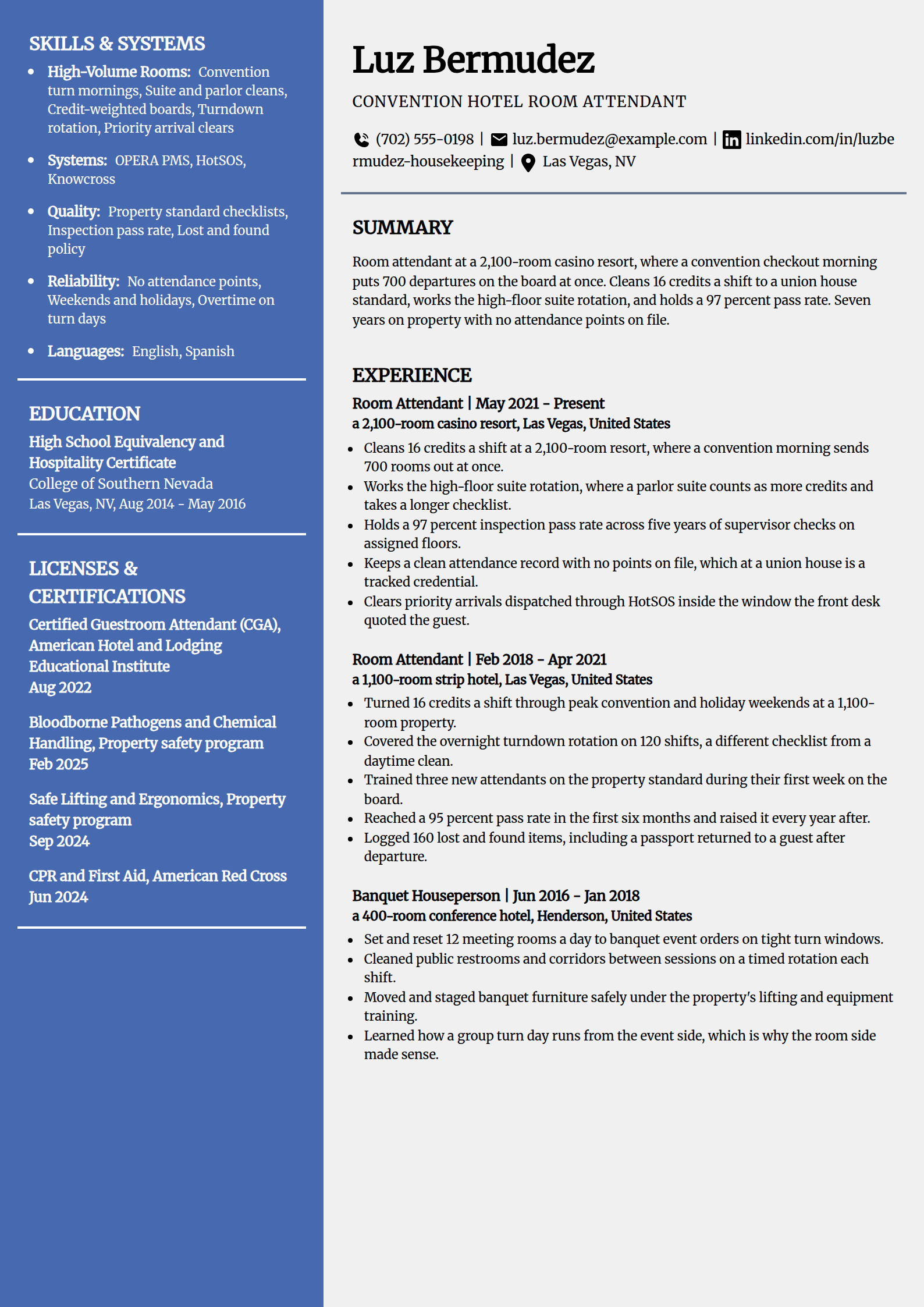 Convention and casino hotel room attendant resume example in the Innovative template