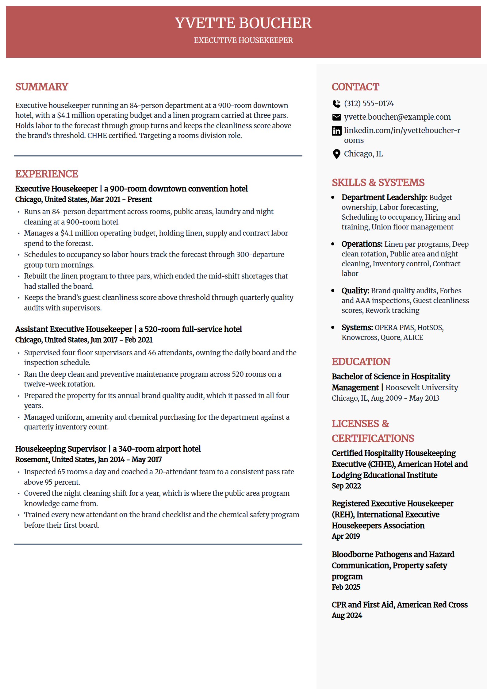 Executive housekeeper resume example in the Executive template
